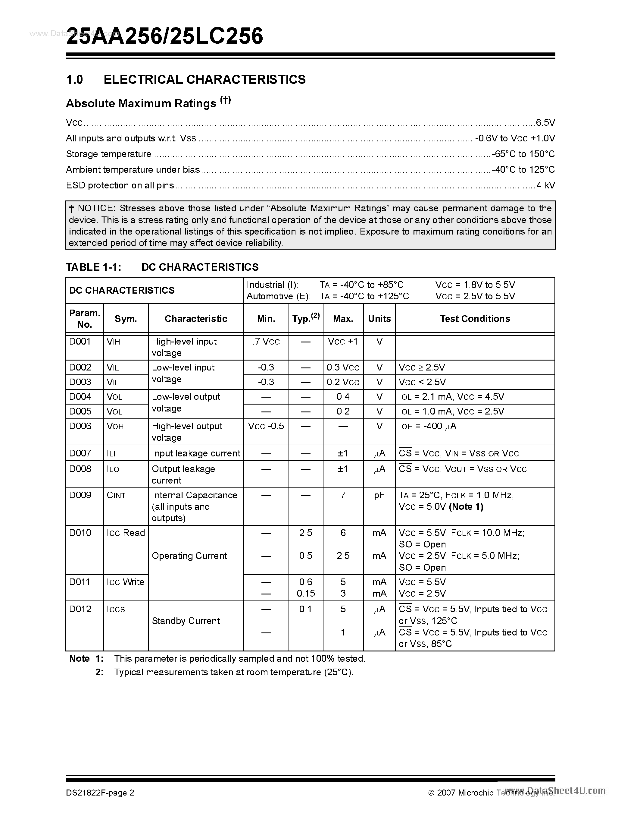 Datasheet 25AA256 - 256K SPI Bus Serial EEPROM page 2