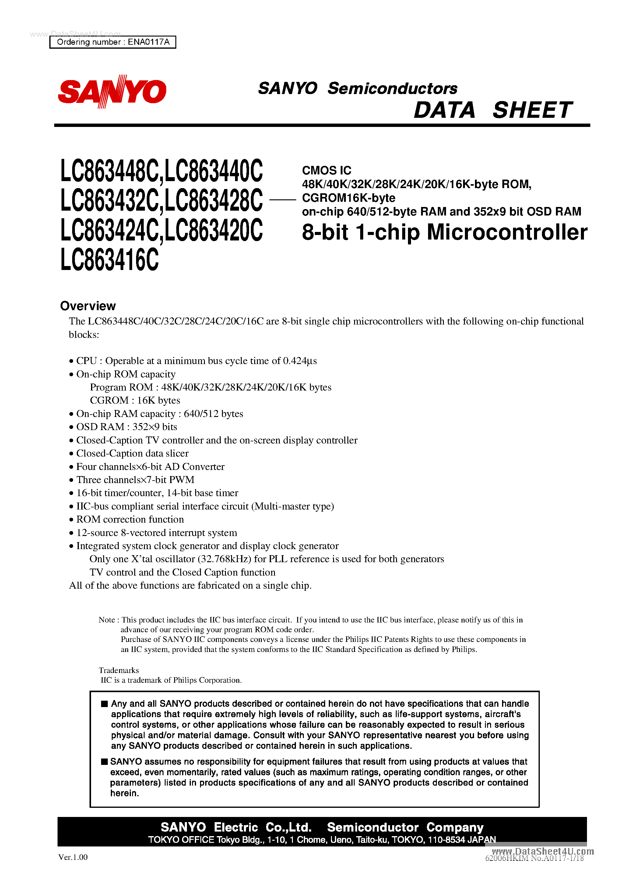 Datasheet LC863416C - (LC8634xxC) 8-Bit Single-Chip Microcontroller page 1