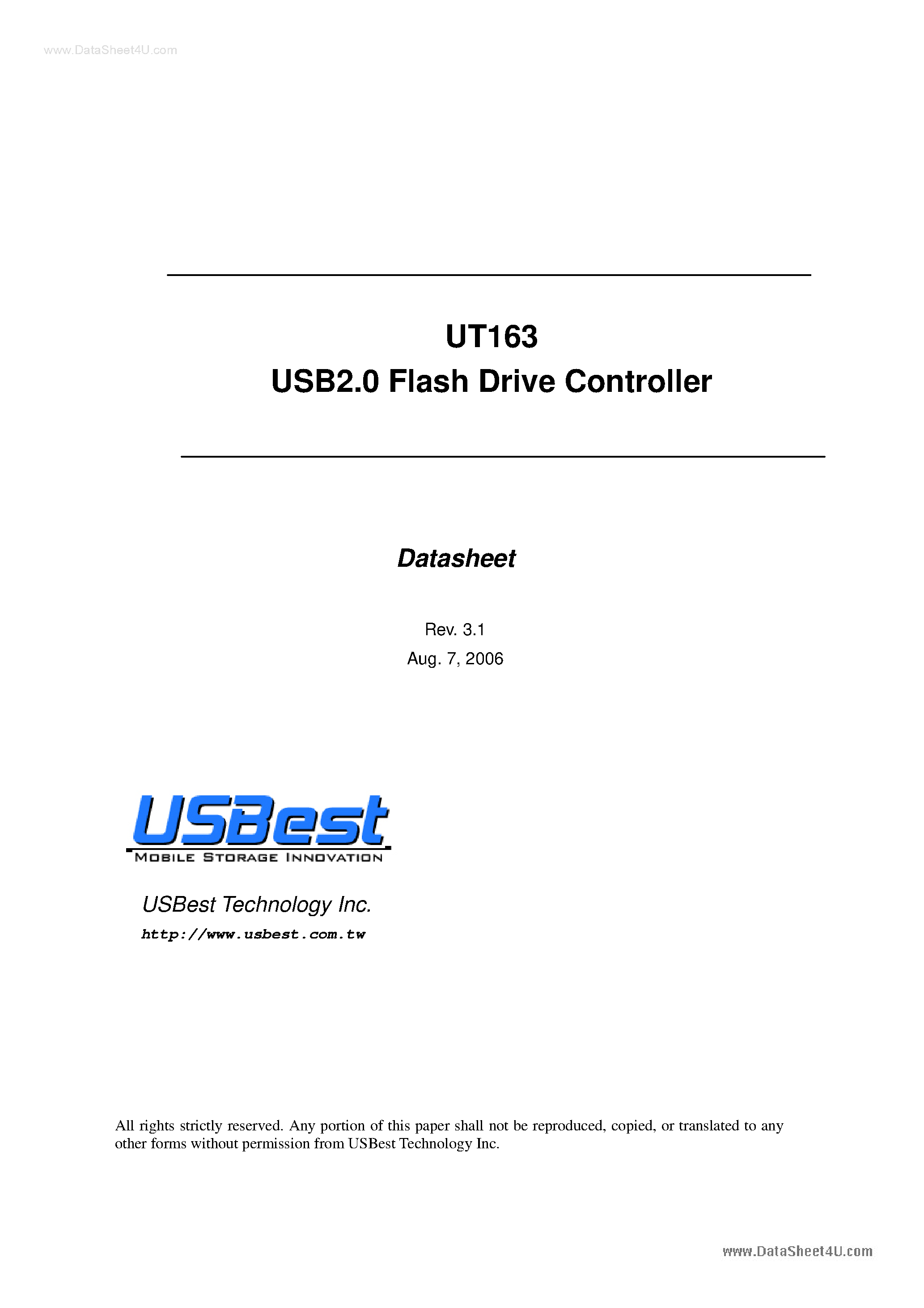 Datasheet UT163 - USB 2.0 Flash Drive Controller page 1