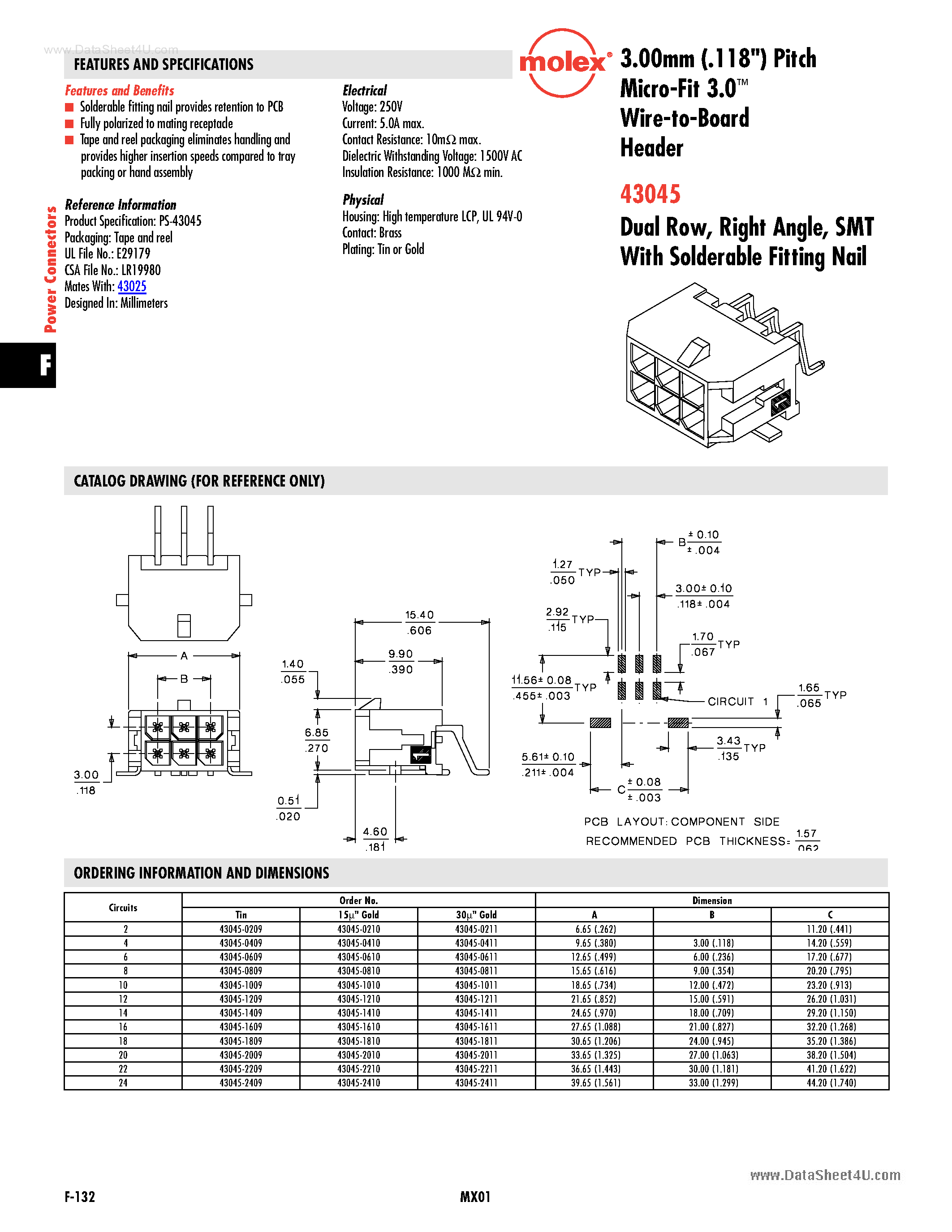 Datasheet 43045-xxxx - Single and Dual Row Micro-Fit 3.0 Connectors page 1