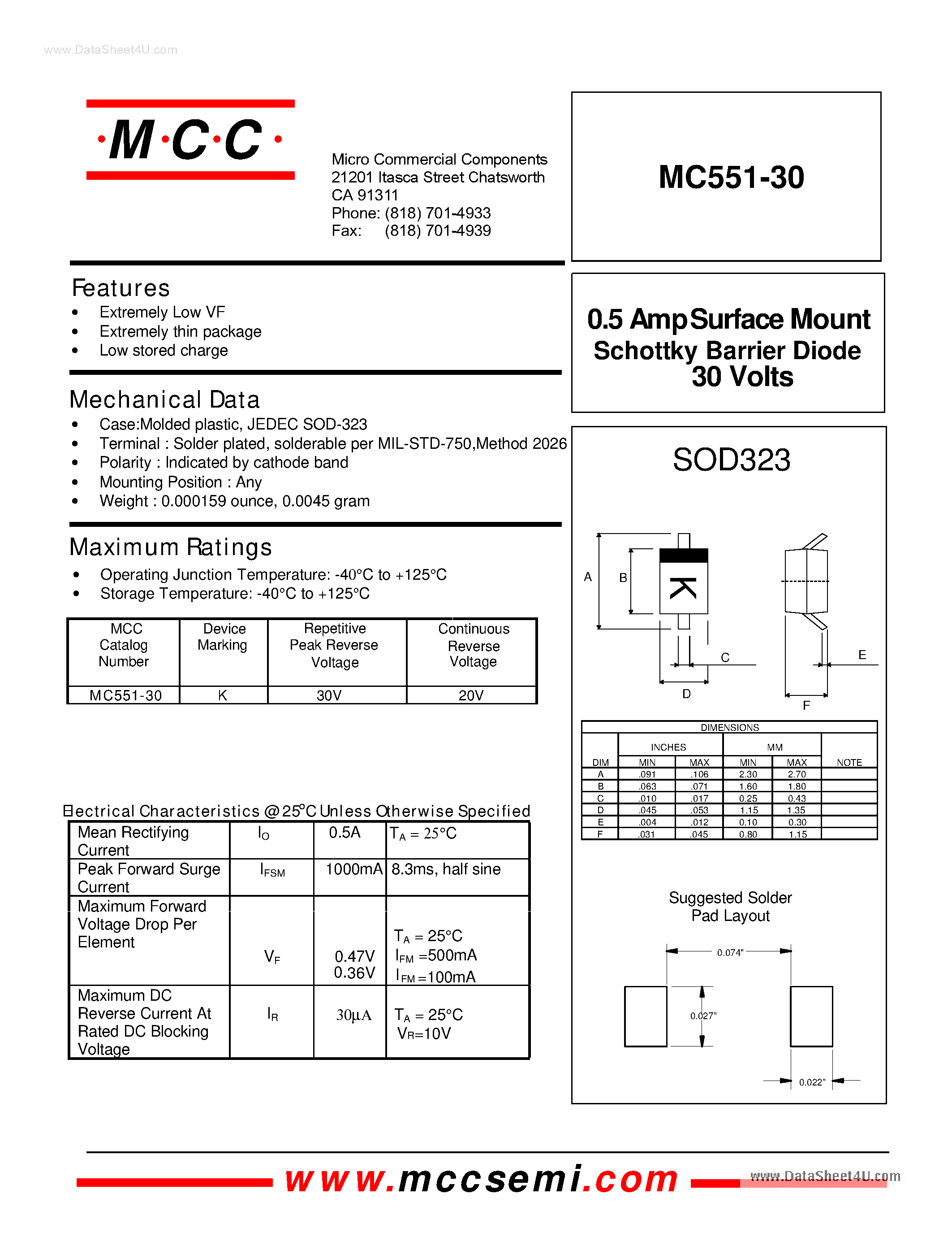 Даташит на микросхему MC551-30 страница 1 Даташит MC551-30 - Surface Mount Schottky Barrier Diode страница 1