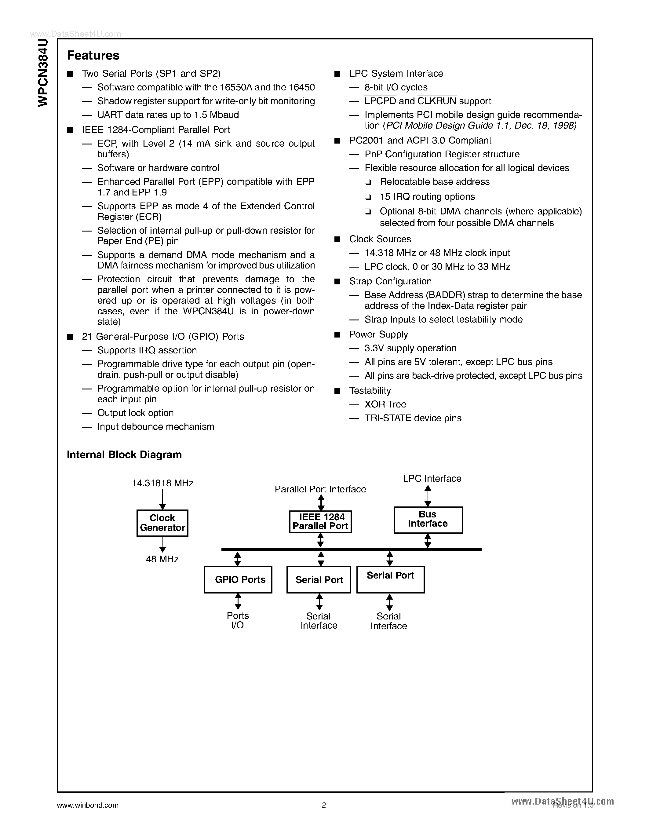 Даташит на микросхему WPCN384U страница 2 Даташит WPCN384U - Legacy-Reduced SuperI/O страница 2