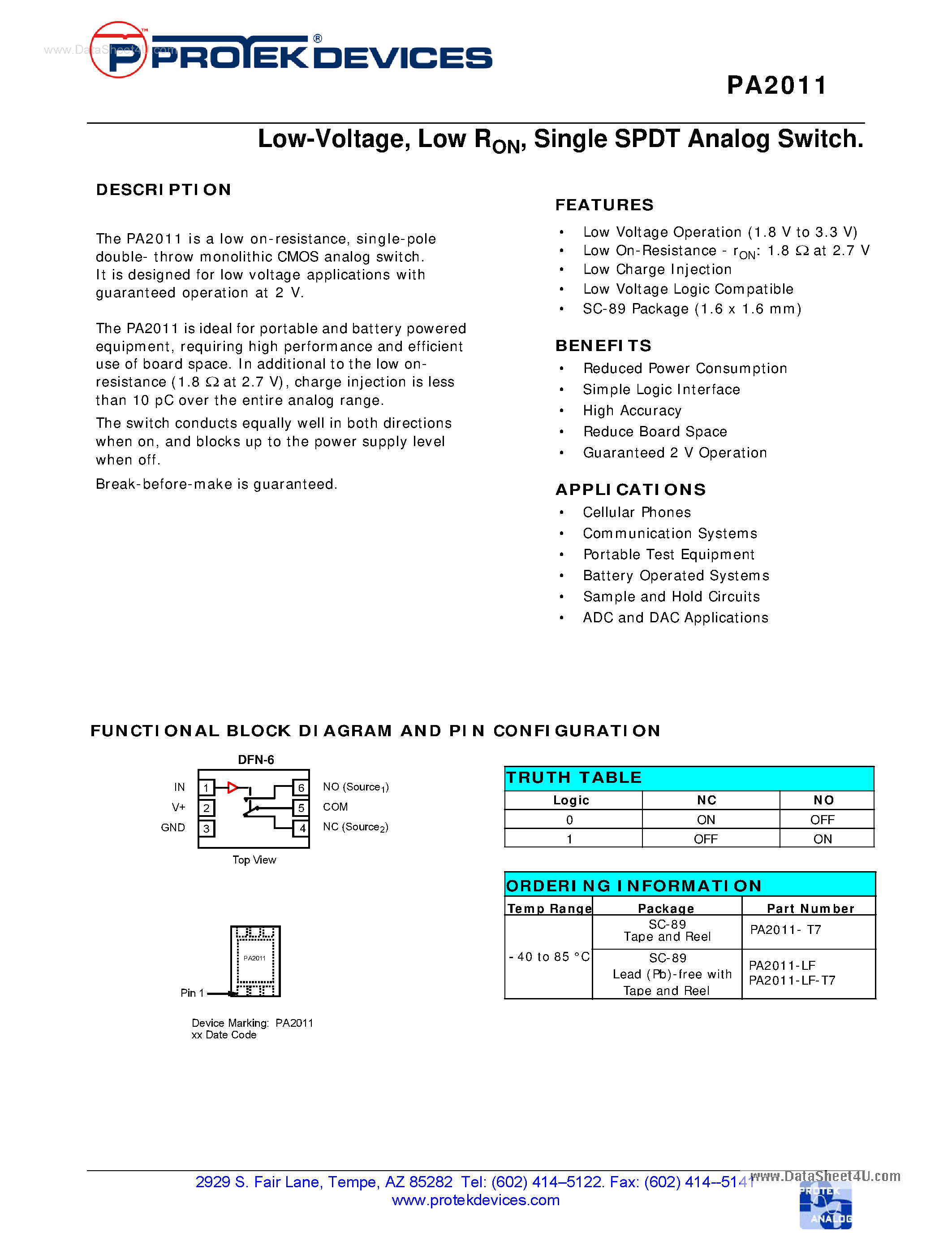 Datasheet PA2011 page 1 Datasheet PA2011 - Single SPDT Analog Switch page 1
