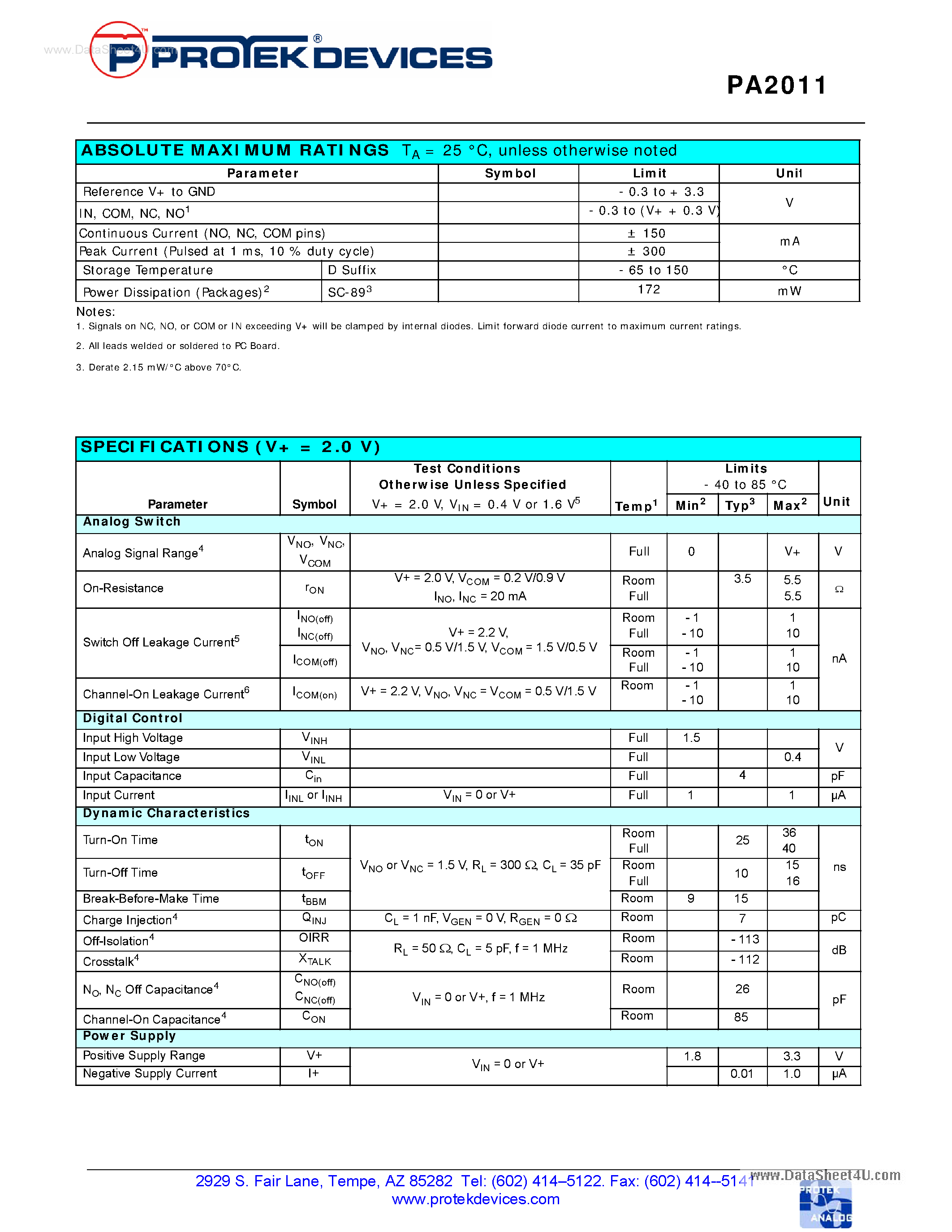 Datasheet PA2011 page 2 Datasheet PA2011 - Single SPDT Analog Switch page 2