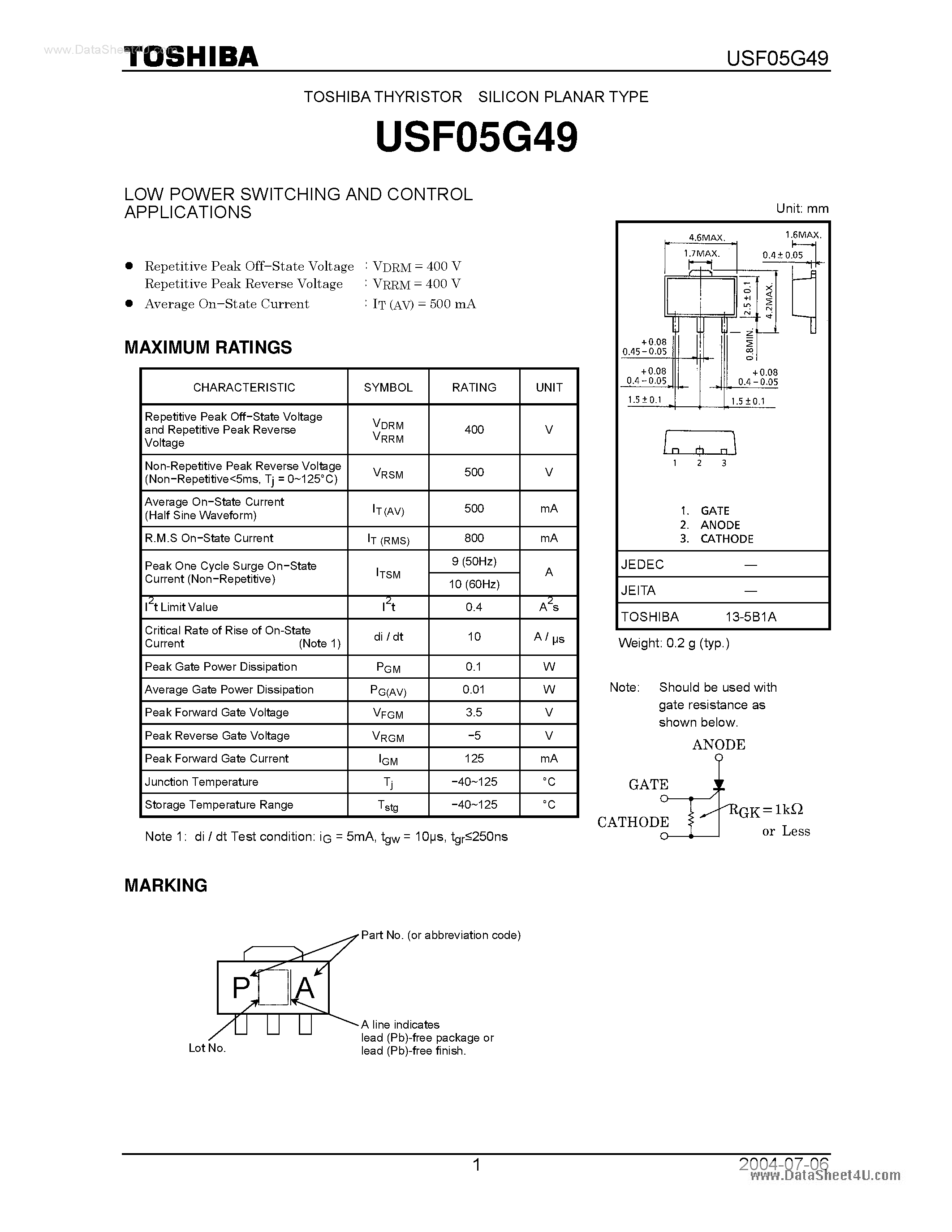 Datasheet USF05G49 - LOW POWER SWITCHING AND CONTROL APPLICATIONS page 1