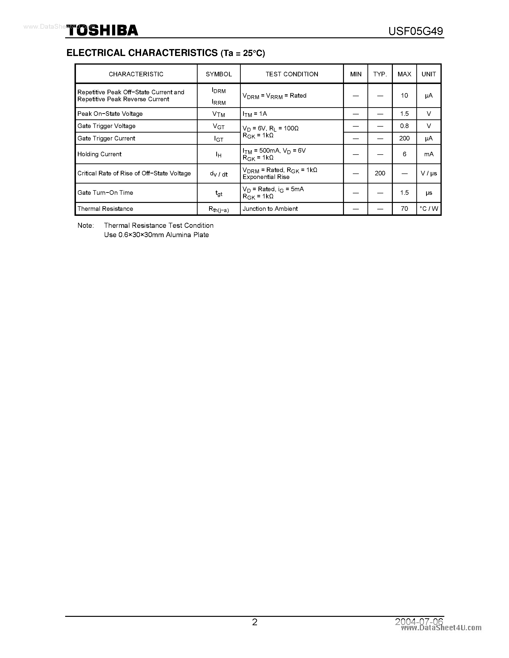 Datasheet USF05G49 - LOW POWER SWITCHING AND CONTROL APPLICATIONS page 2