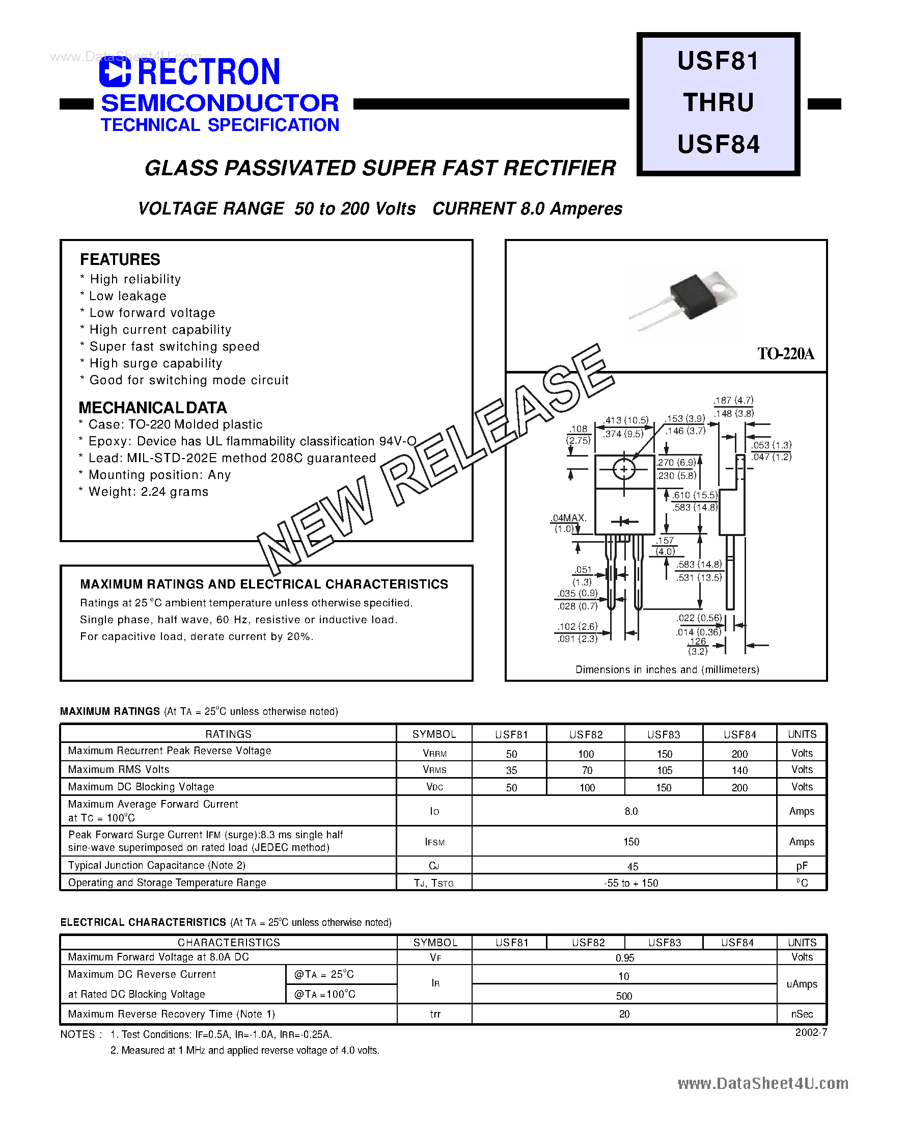 Datasheet USF81 page 1 Datasheet USF81 - (USF81 - USF84) GLASS PASSIVATED SUPER FAST RECTIFIER page 1