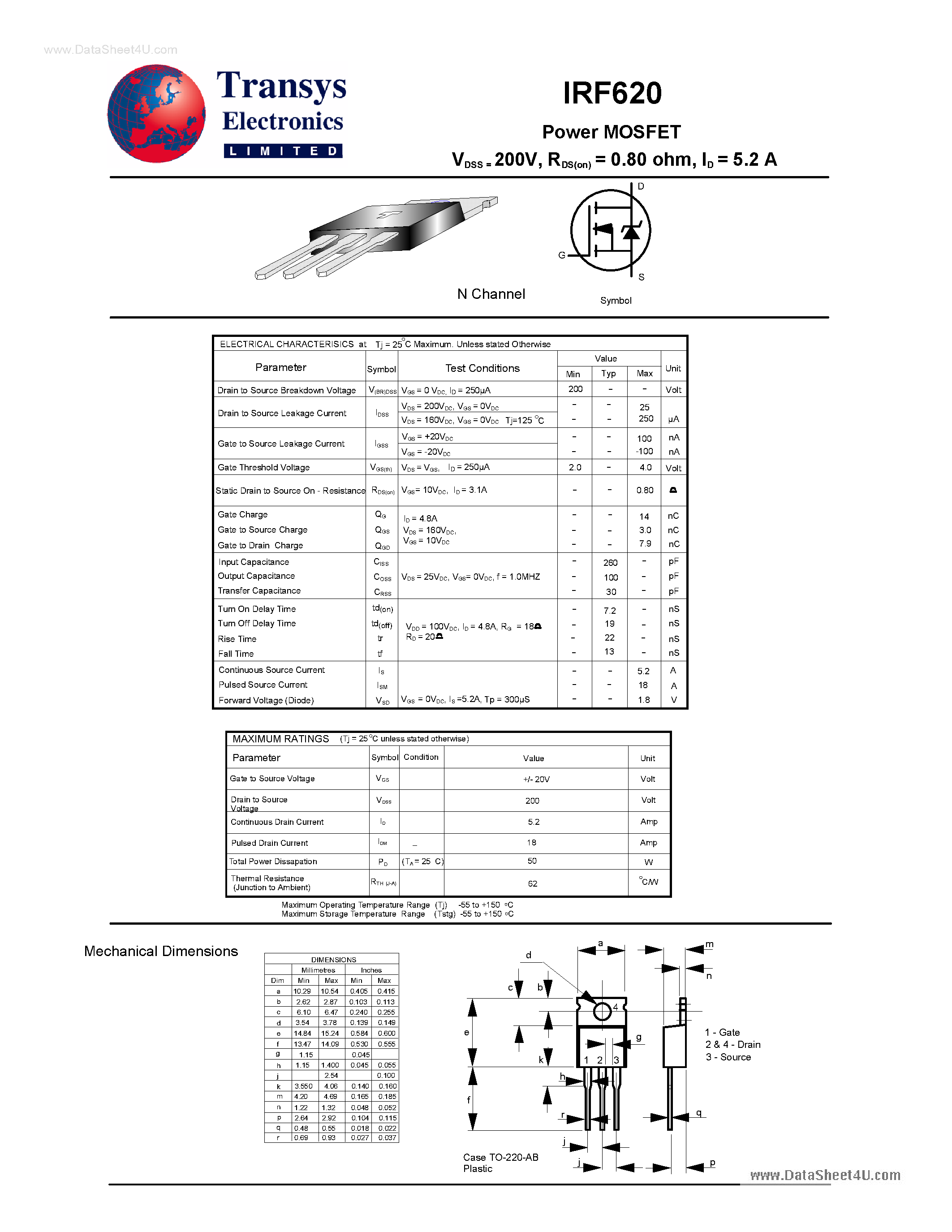 Datasheet IRF620 page 1 Datasheet IRF620 - Power MOSFET page 1