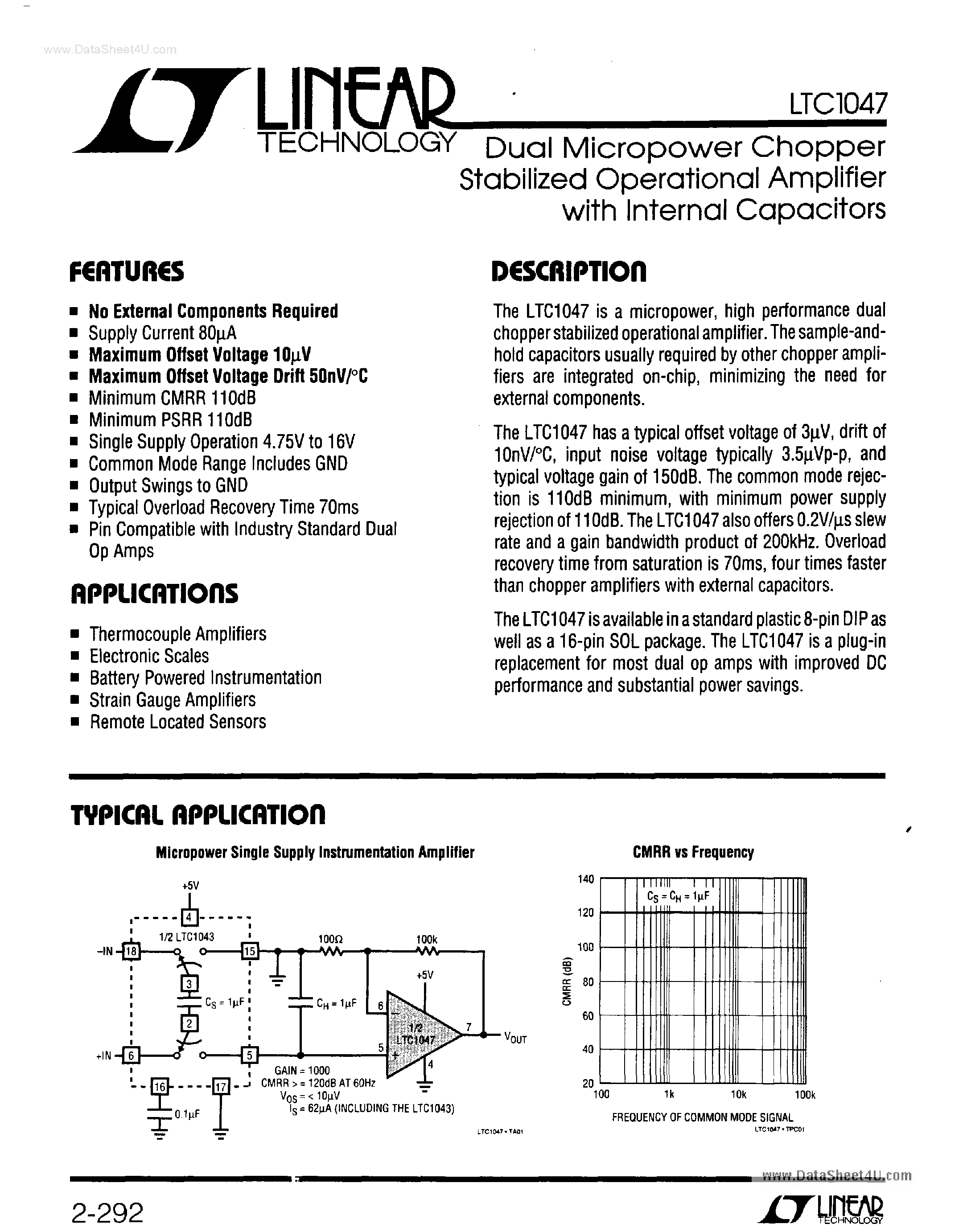 Datasheet LT1047 - Dual Micropower Chopper Stabilized Operational Amplifier page 1