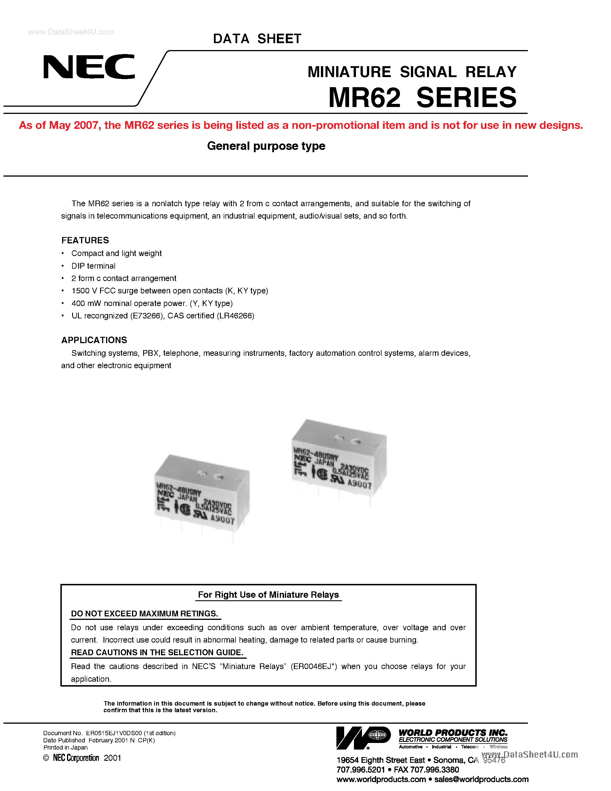Даташит MR62 - Miniature Signal Relay страница 1
