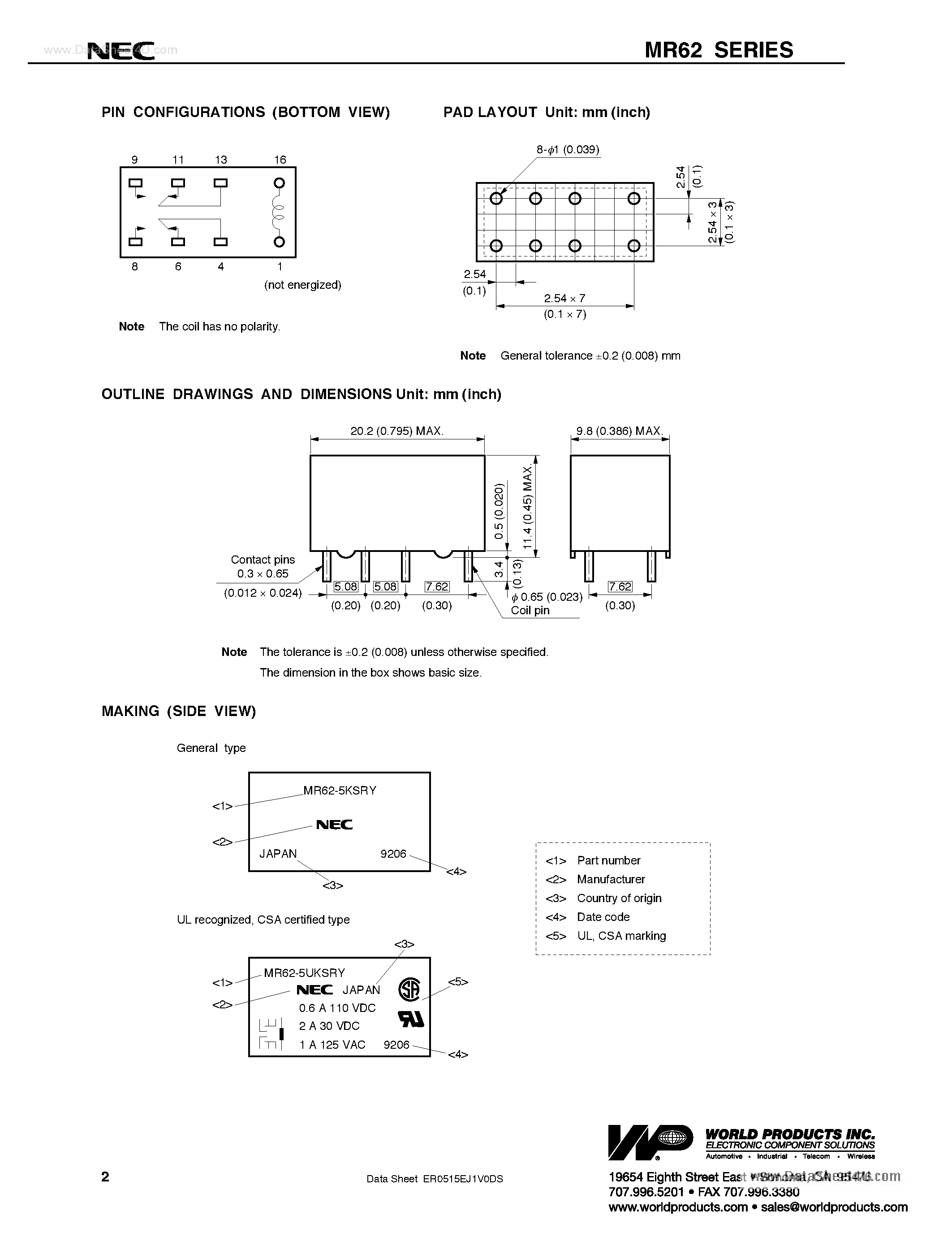 Даташит MR62 - Miniature Signal Relay страница 2