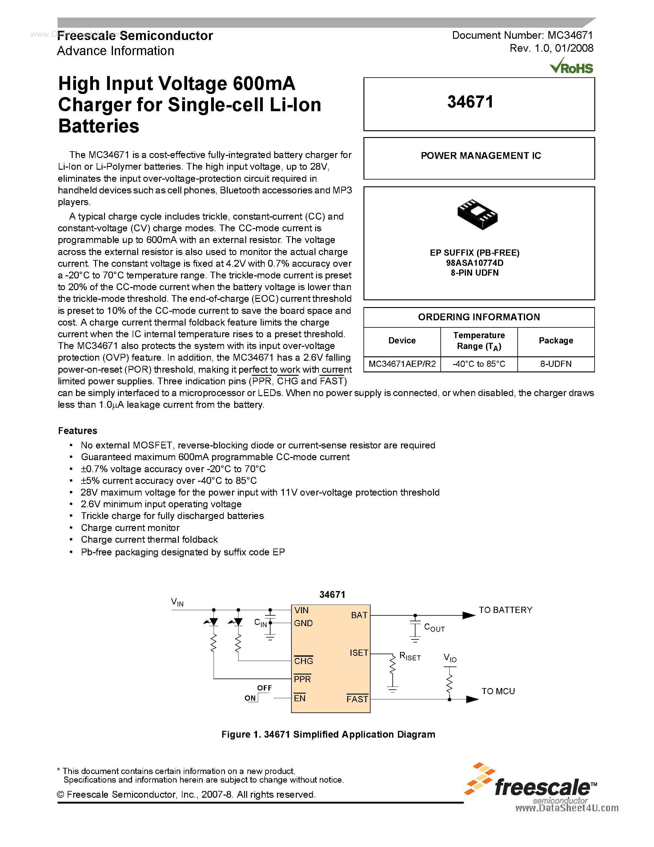 Datasheet MC34671 page 1 Datasheet MC34671 - High Input Voltage 600mA Charger page 1