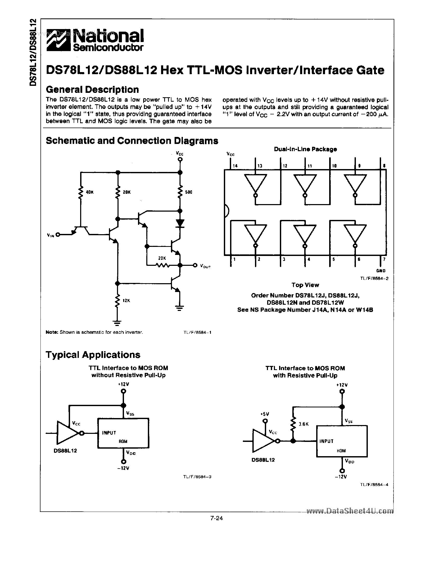 Datasheet DS78L12 - Hex TTL-MOS Inverter/Interface Gate page 1