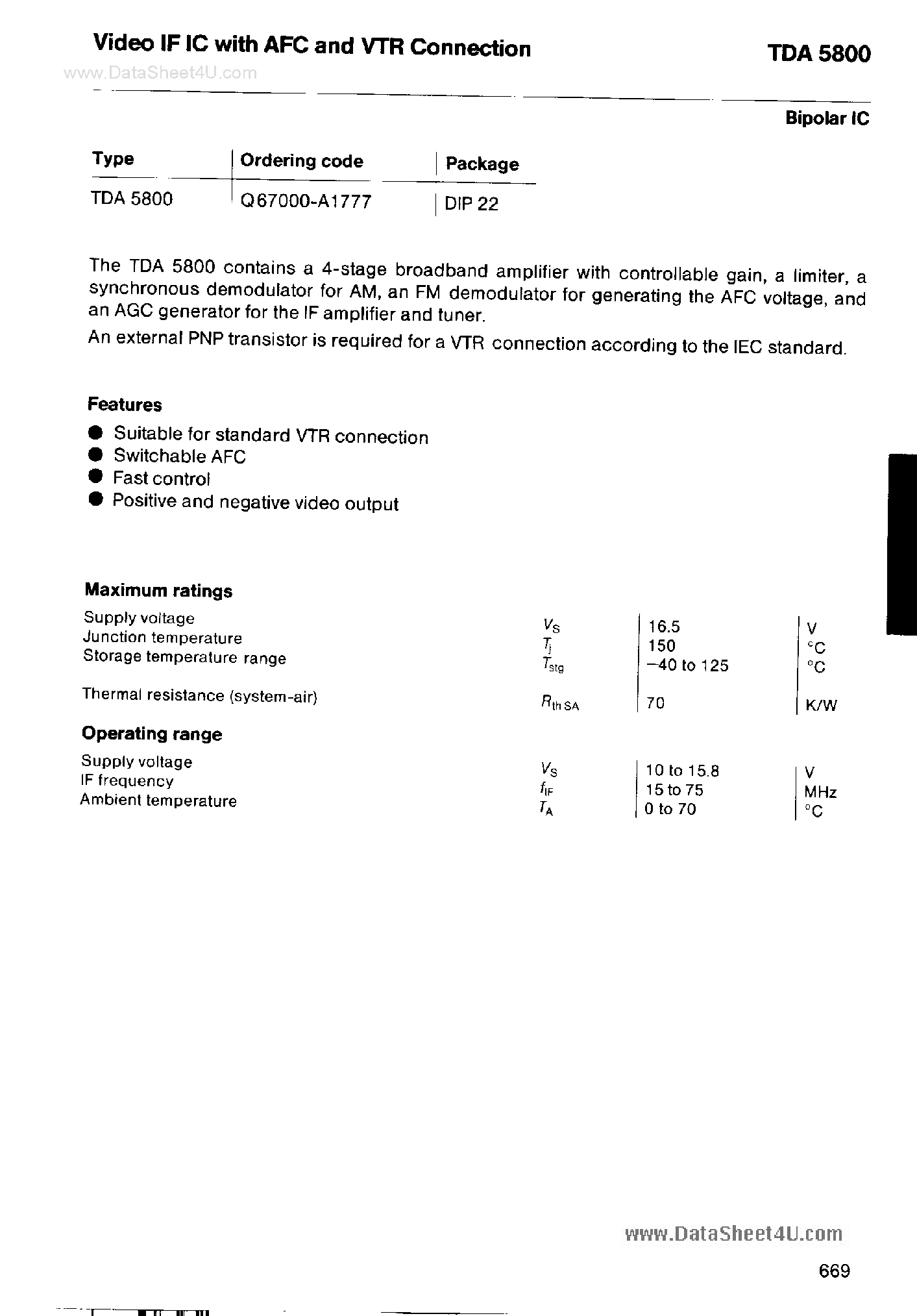 Datasheet TDA5800 - VIDEO IF IC page 1