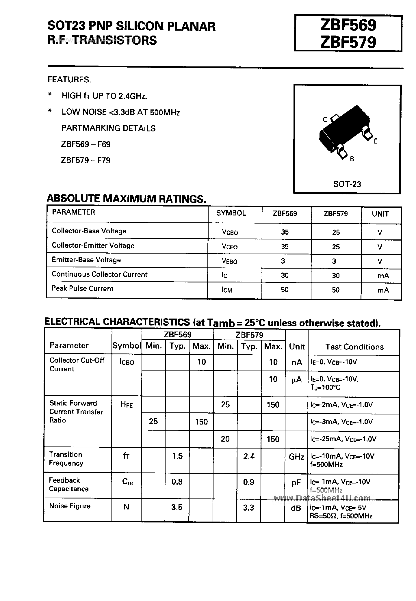 Даташит на микросхему ZBF569 страница 1 Даташит ZBF569 - (ZBF569 / ZBF579) PNP Silicon Planar RF Transistors страница 1