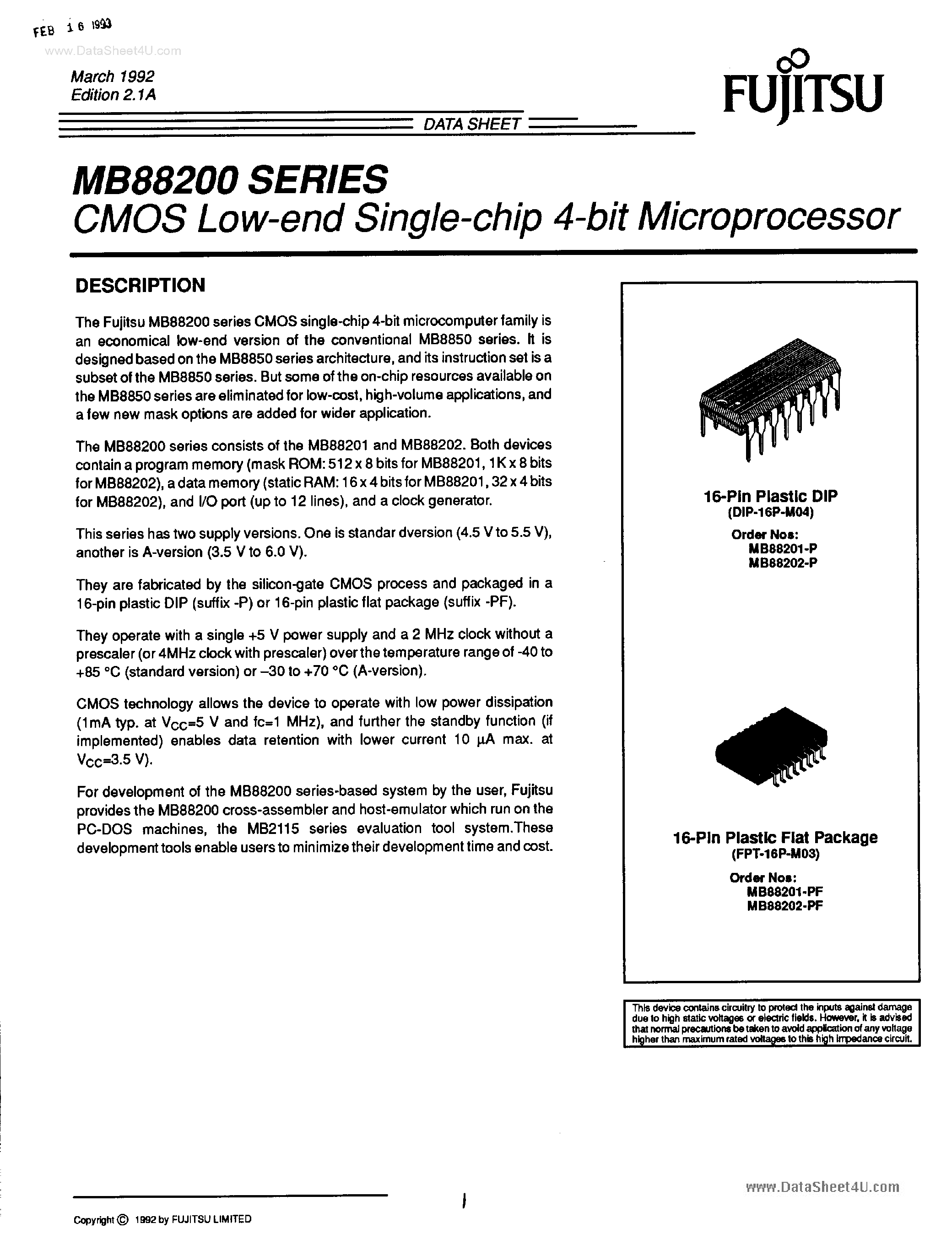 Datasheet MB88200 - (MB88200 Series) CMOS Low end Single-Chip 4-Bit Microprocessor page 1