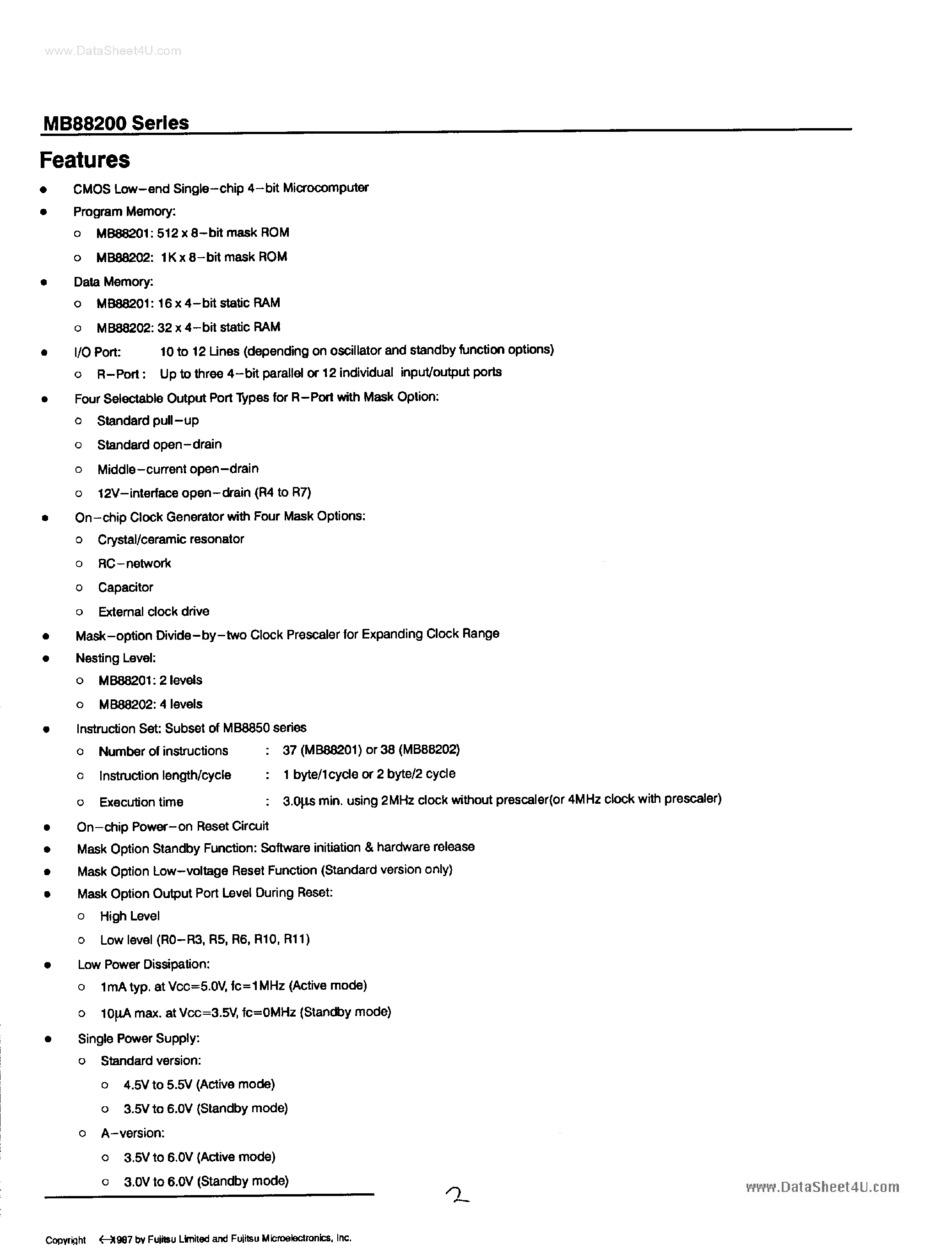 Datasheet MB88200 - (MB88200 Series) CMOS Low end Single-Chip 4-Bit Microprocessor page 2