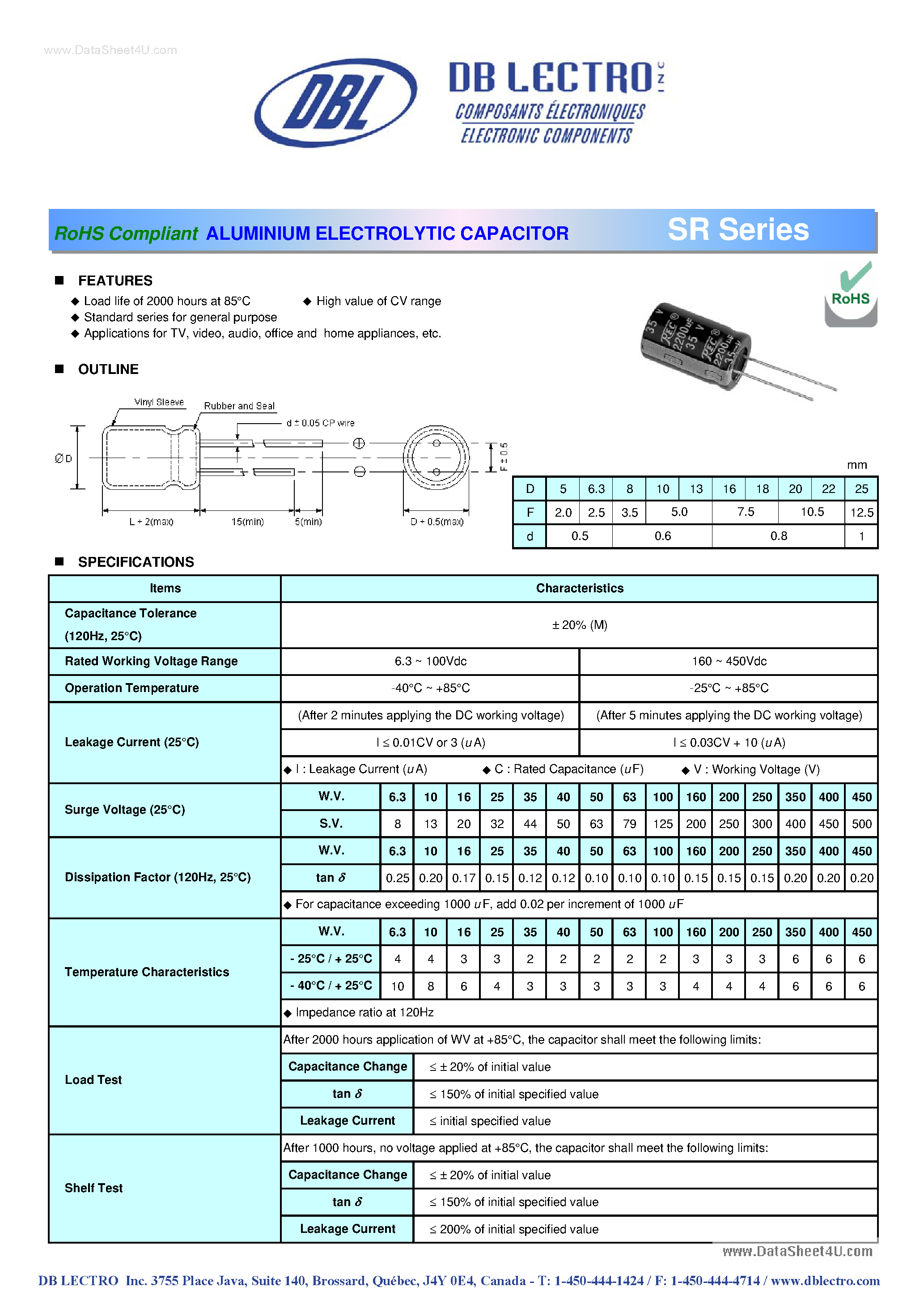 Datasheet SR2A100 - (SR Series) ALUMINIUM ELECTROLYTIC CAPACITOR page 1