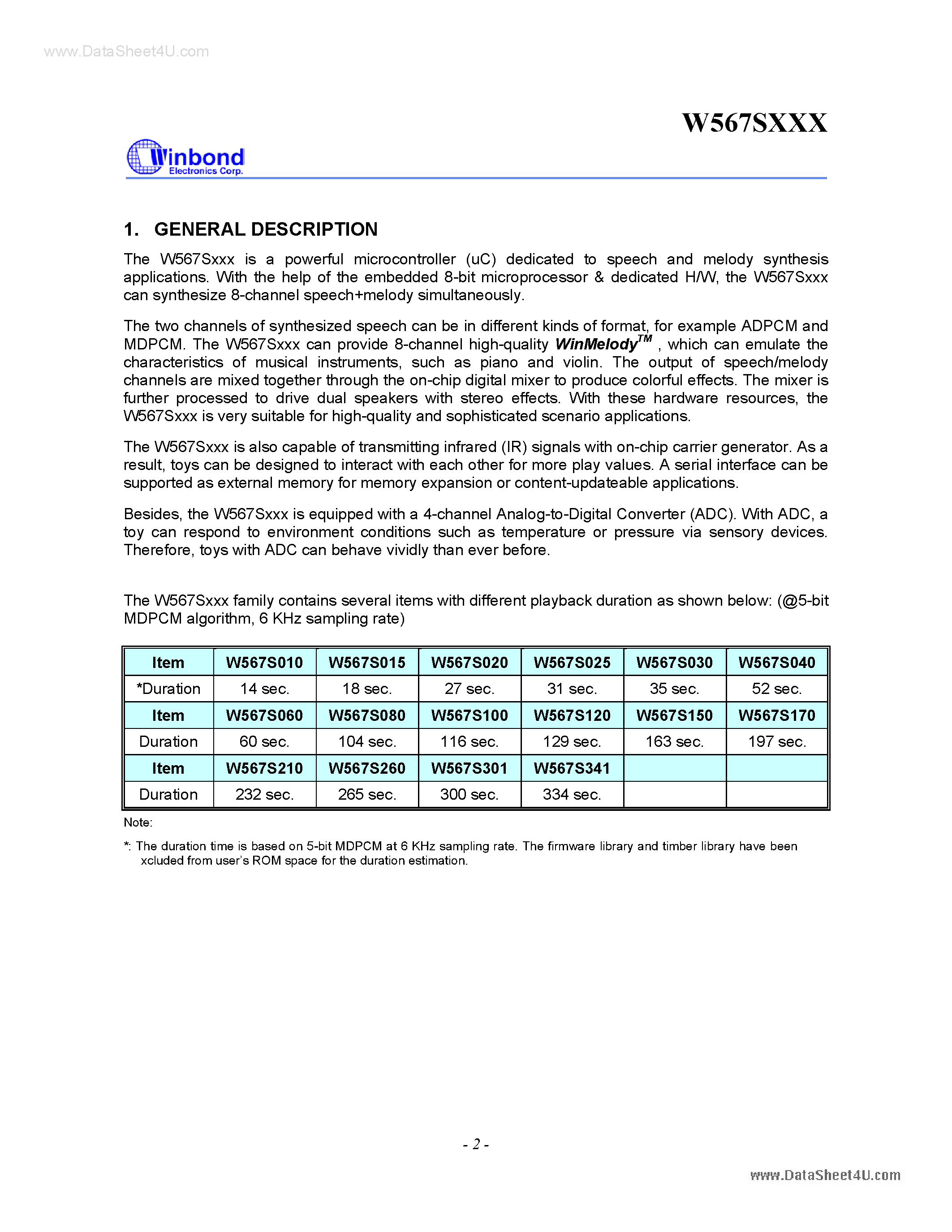 Даташит на микросхему W567S040 страница 2 Даташит W567S040 - 8-Channel Speech + Melody Processor страница 2
