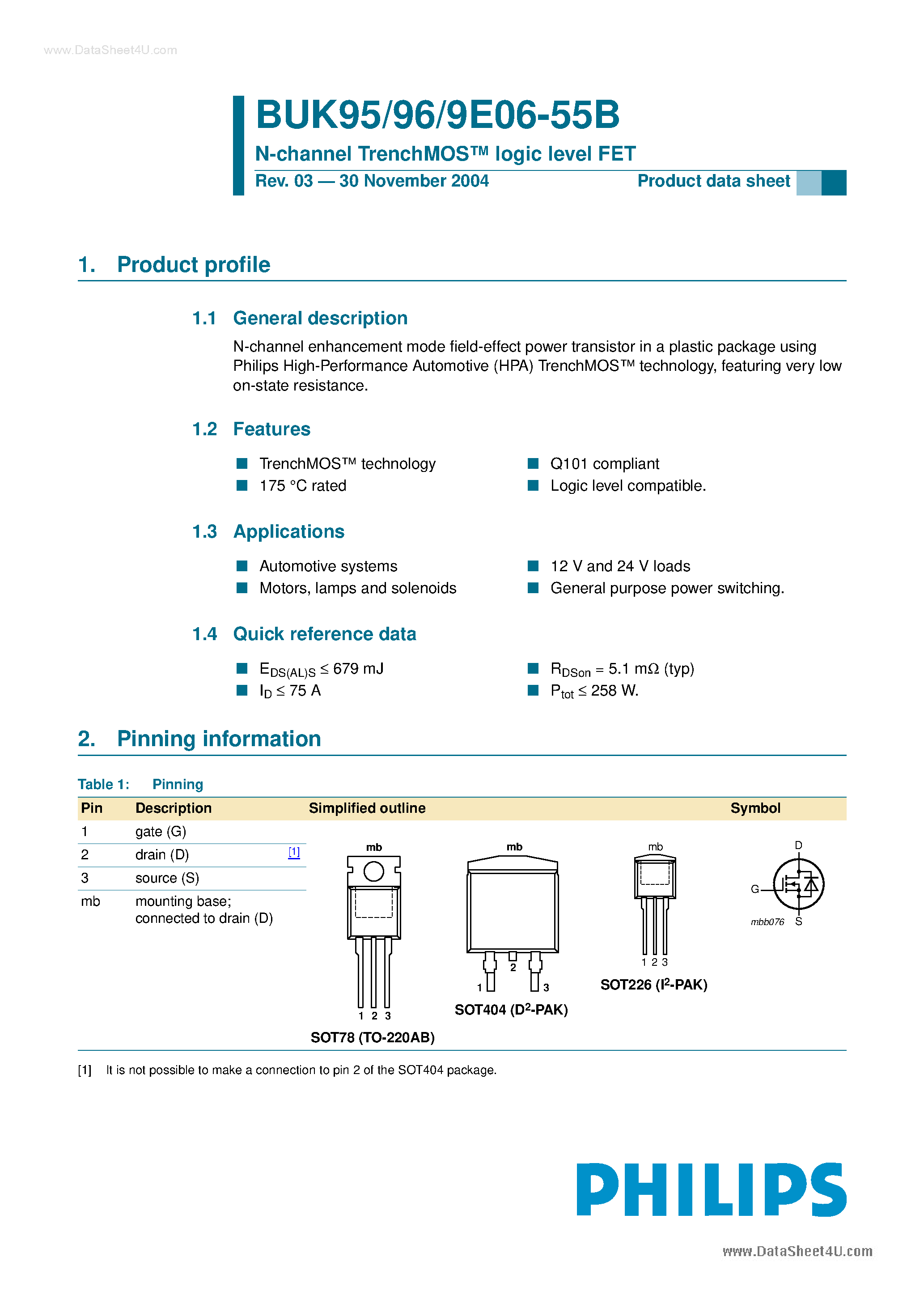 Datasheet BUK9506-55B - (BUK9x06-55B) N-channel TrenchMOSTM logic level FET page 1