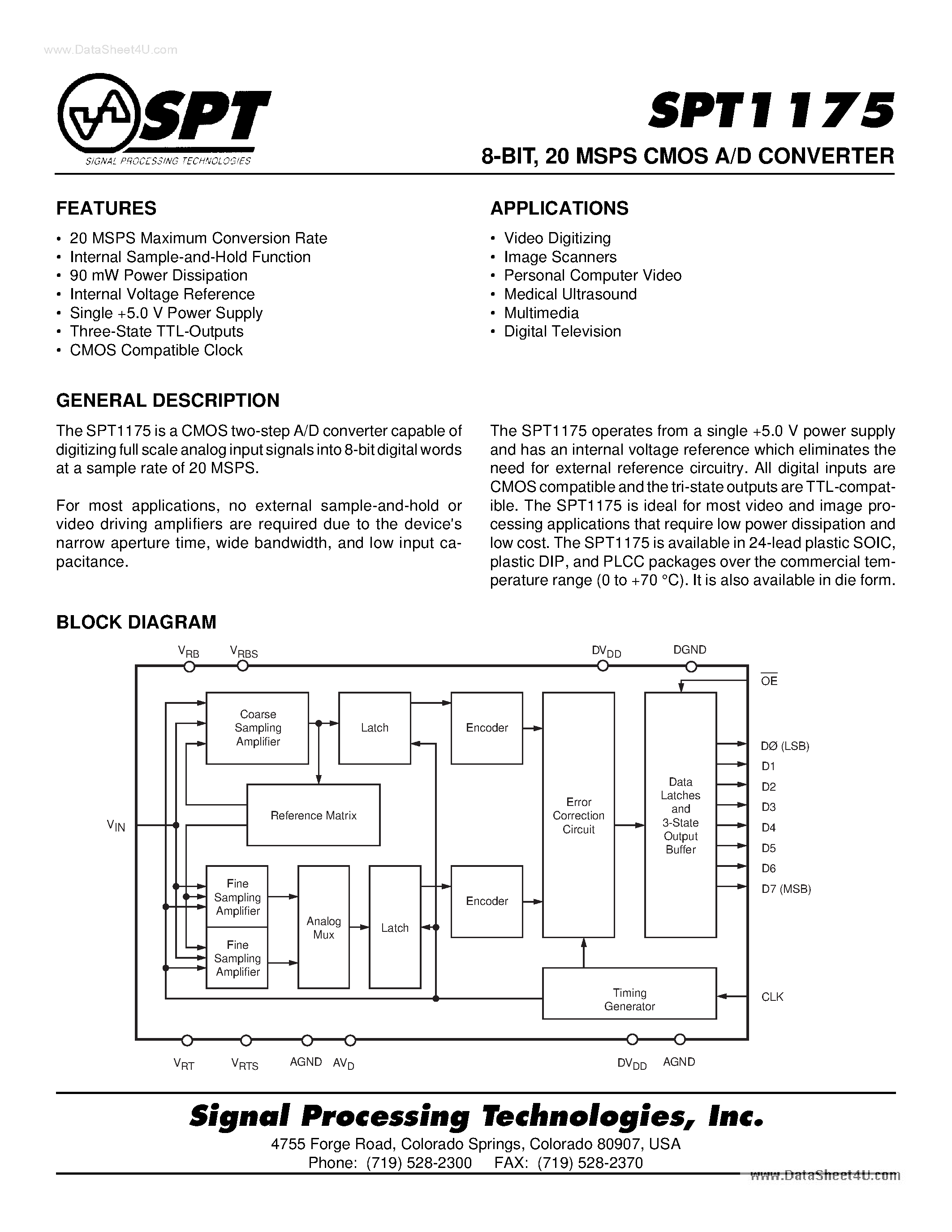Даташит SPT1175 - 20 MSPS CMOS A/D CONVERTER страница 1