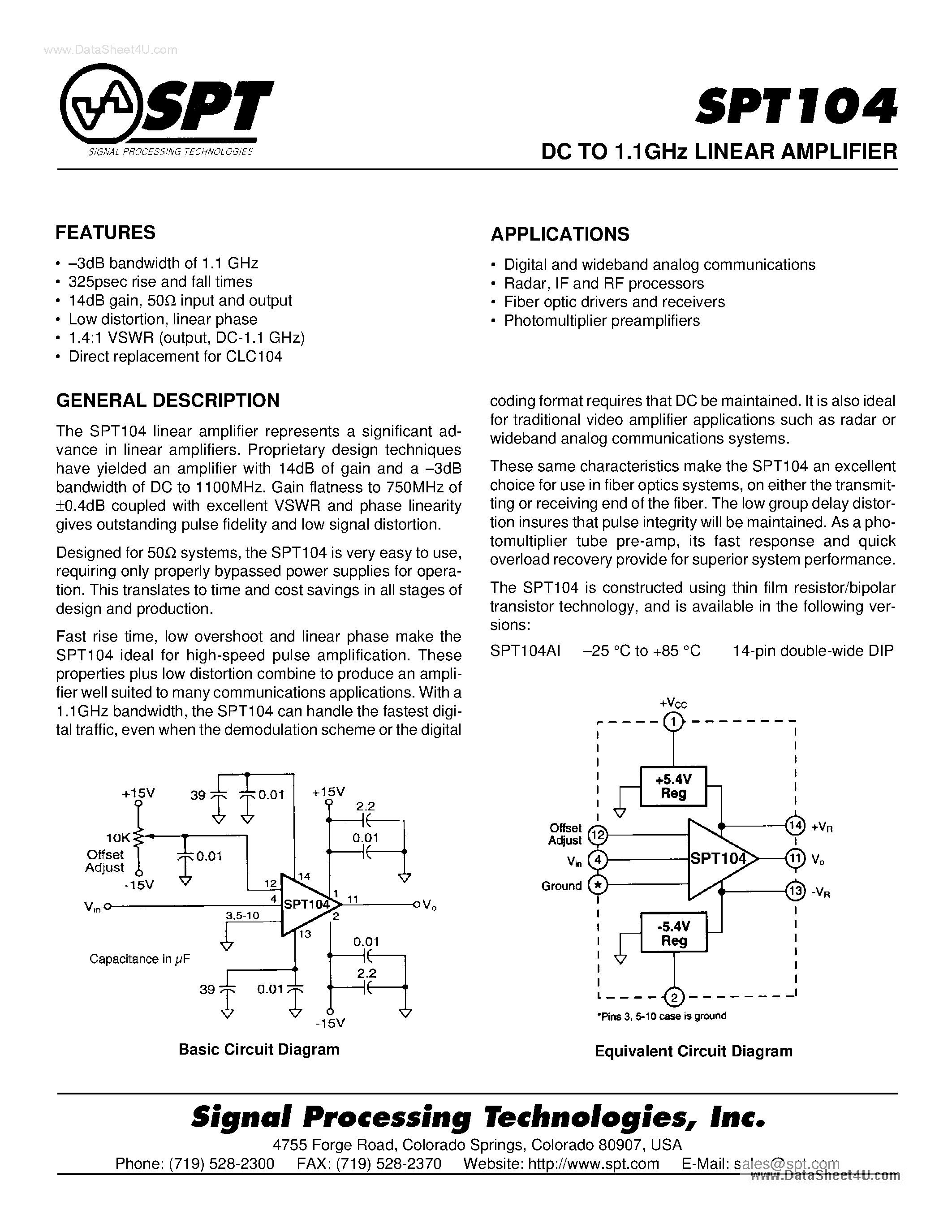 Datasheet SPT104 - DC TO 1.1GHz LINEAR AMPLIFIER page 1
