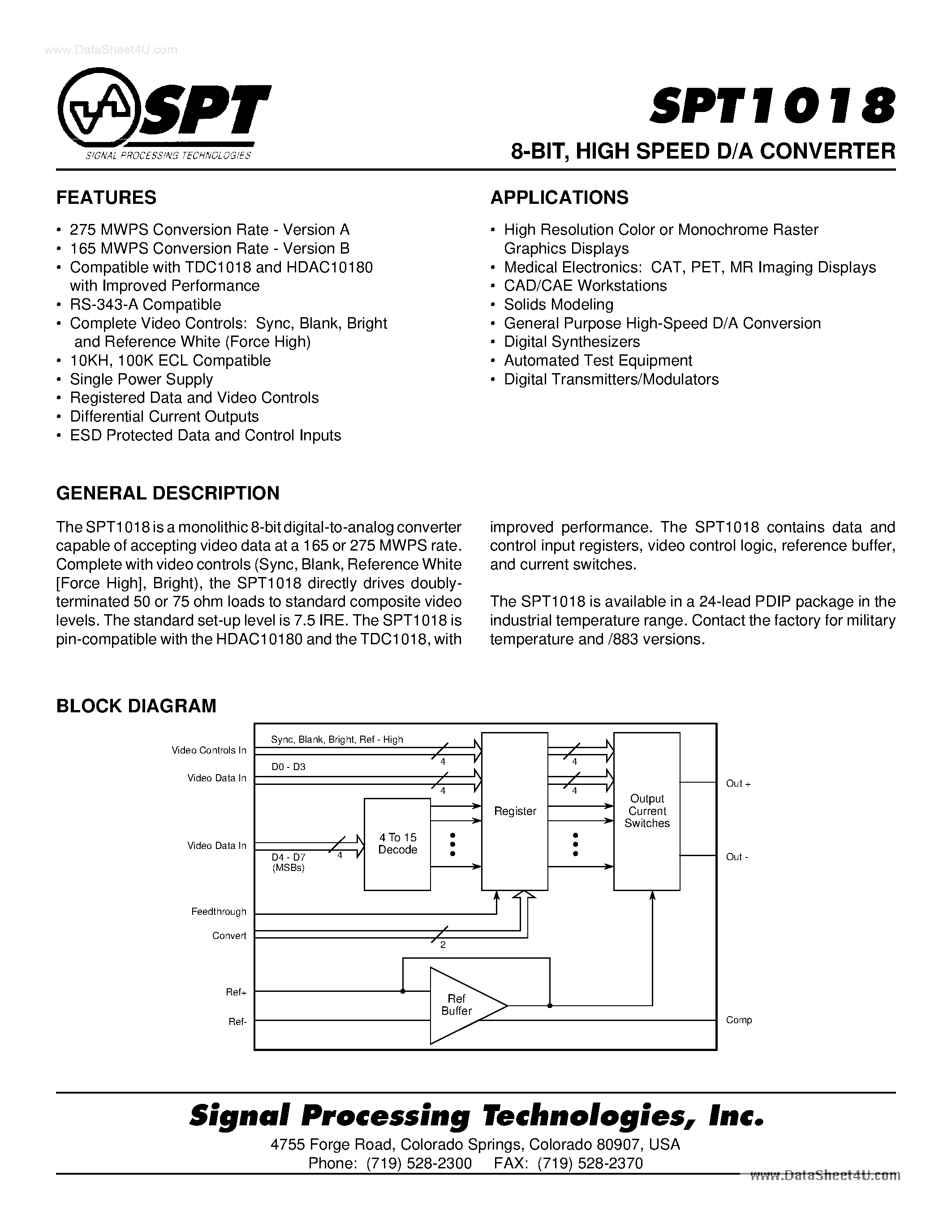 Datasheet SPT1018 page 1 Datasheet SPT1018 - HIGH SPEED D/A CONVERTER page 1