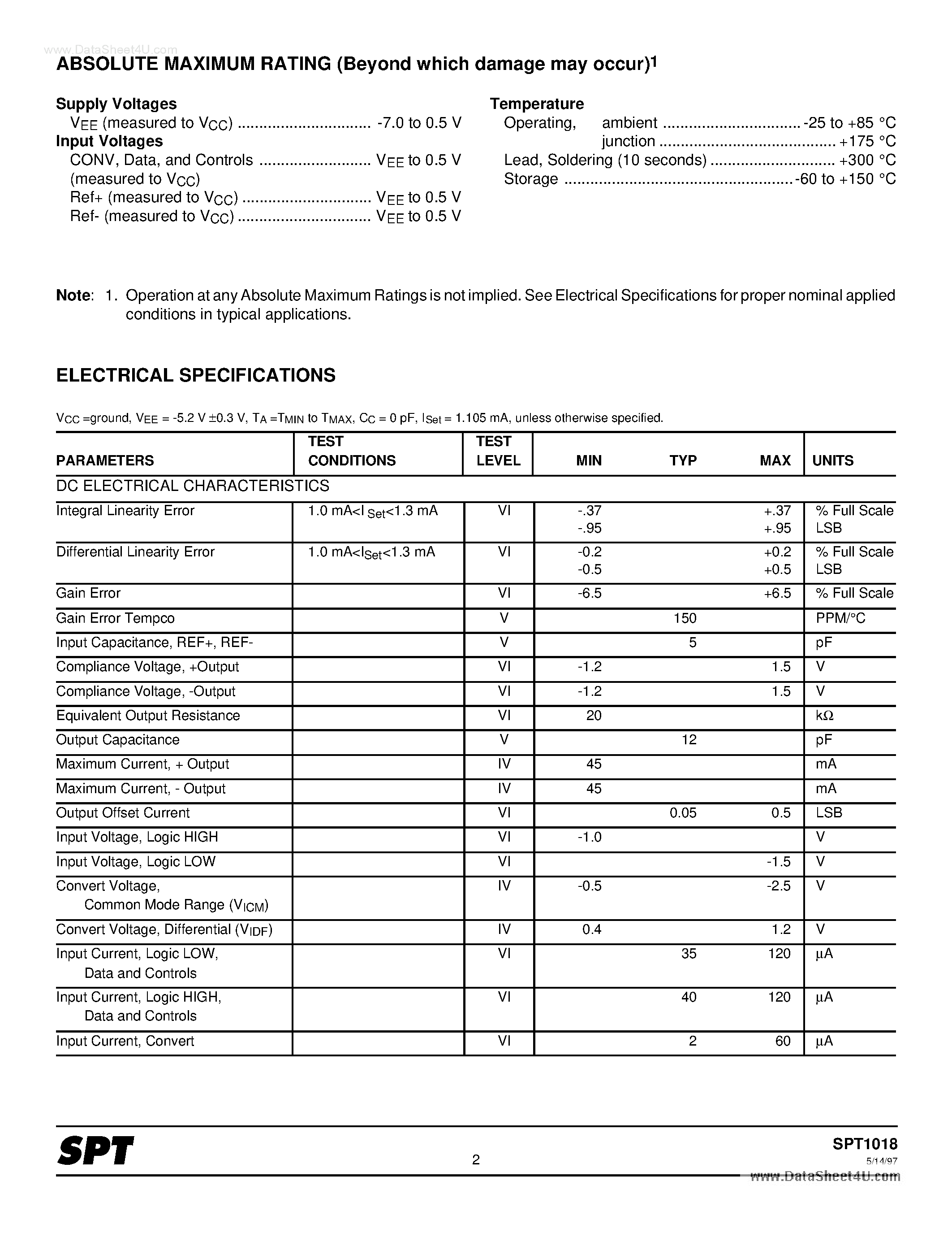 Datasheet SPT1018 page 2 Datasheet SPT1018 - HIGH SPEED D/A CONVERTER page 2