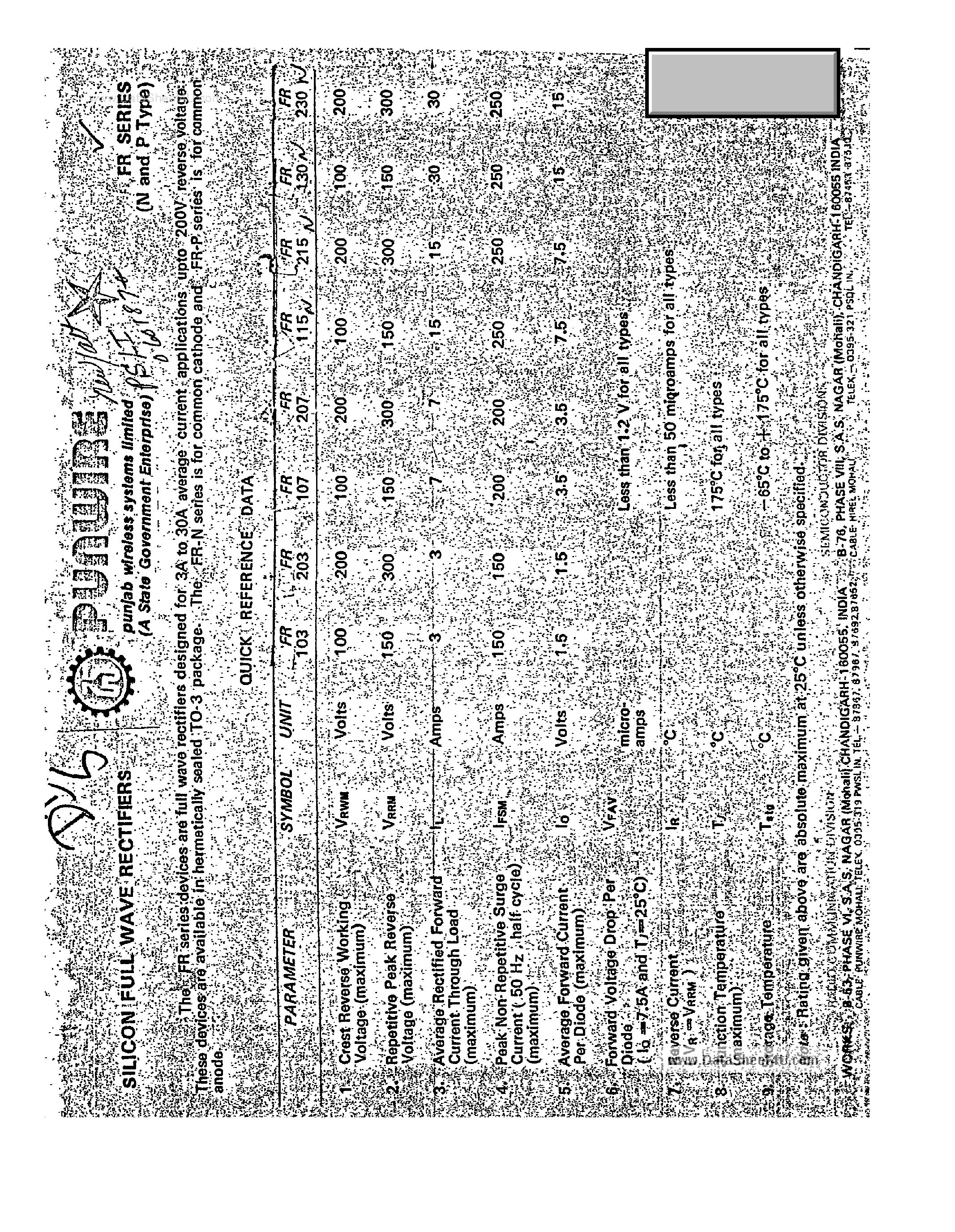 Datasheet FR107 - Silicon Full Wave Rectifiers page 1