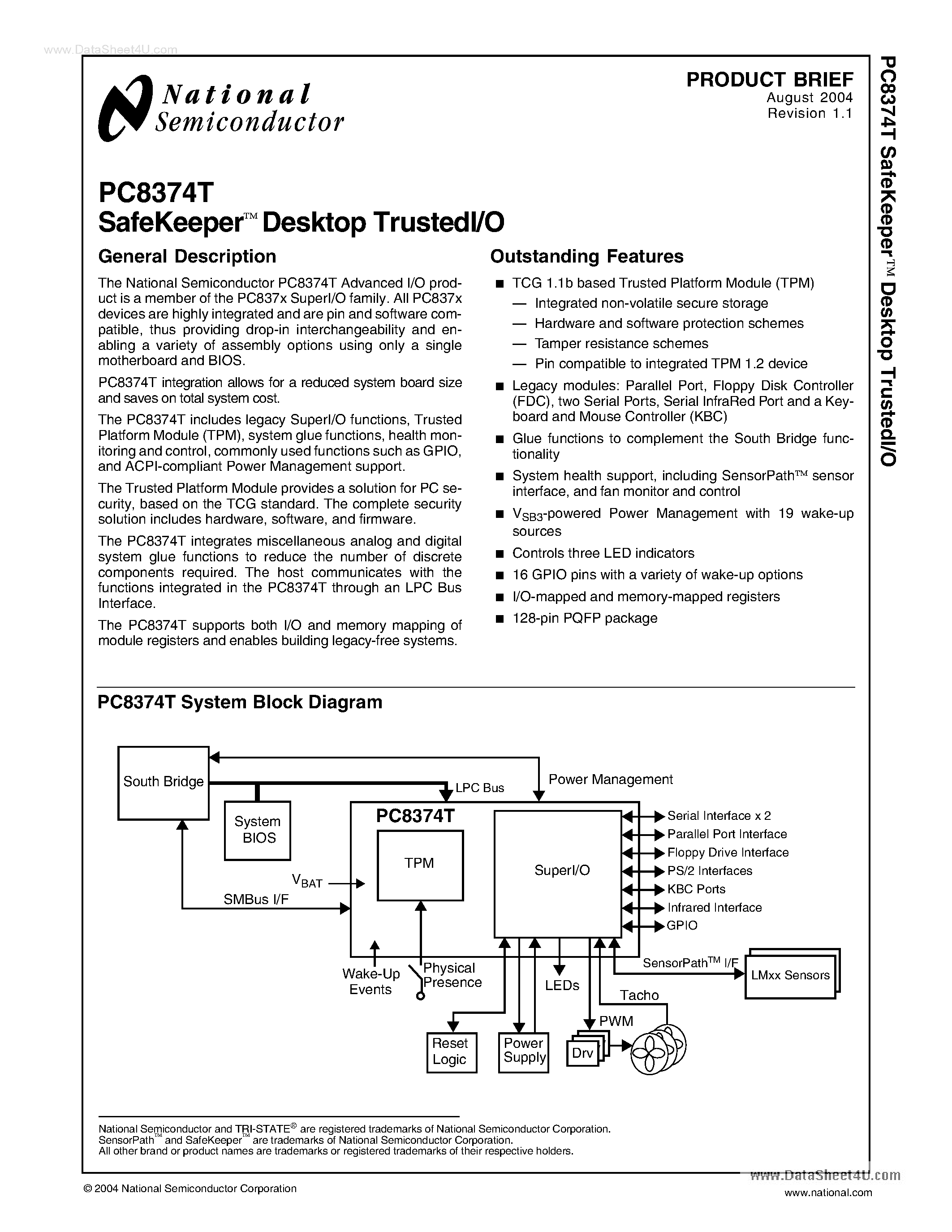 Даташит PC8374T - SafeKeeper Desktop Trustedl/O страница 1