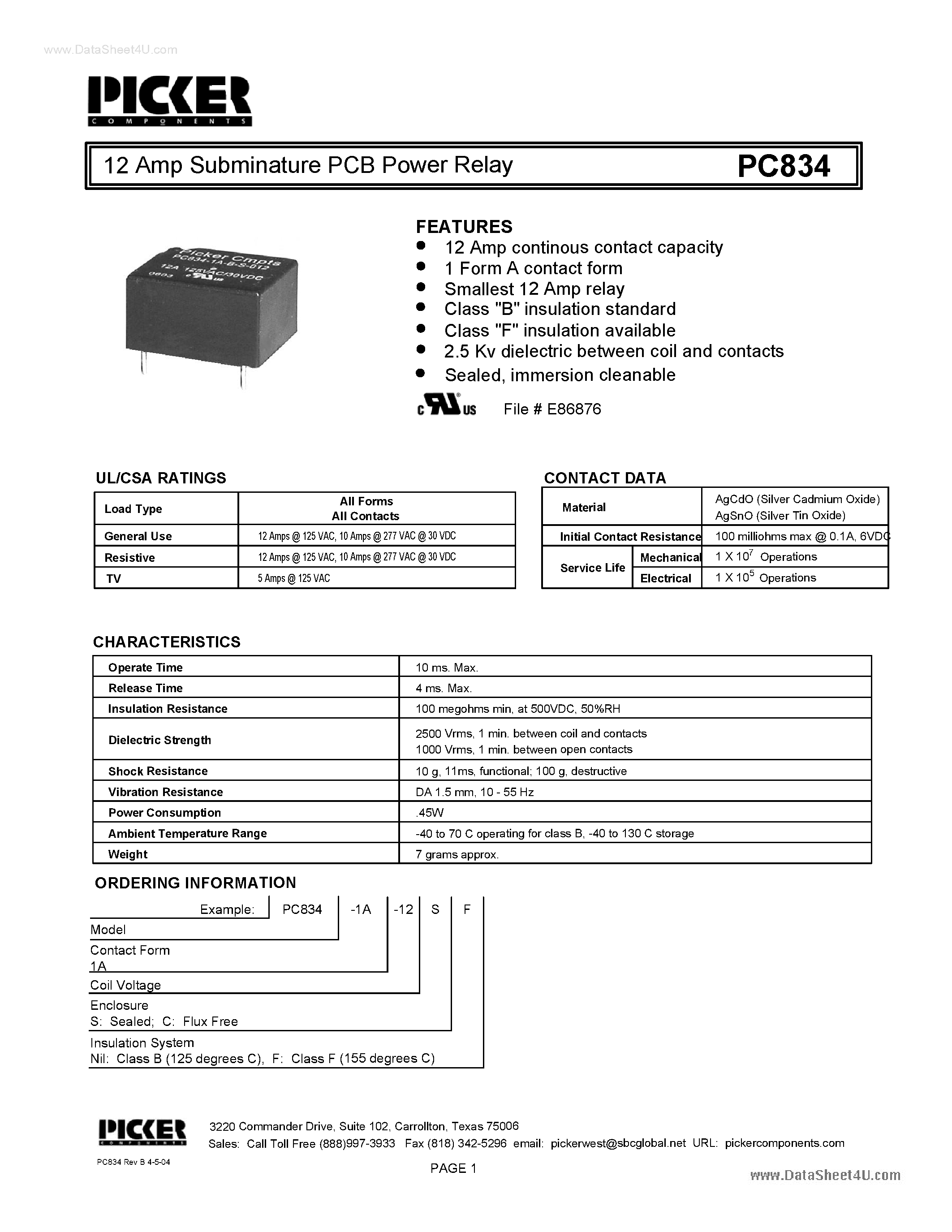 Datasheet PC834 - 12 Amp Subminature PCB Power Relay page 1