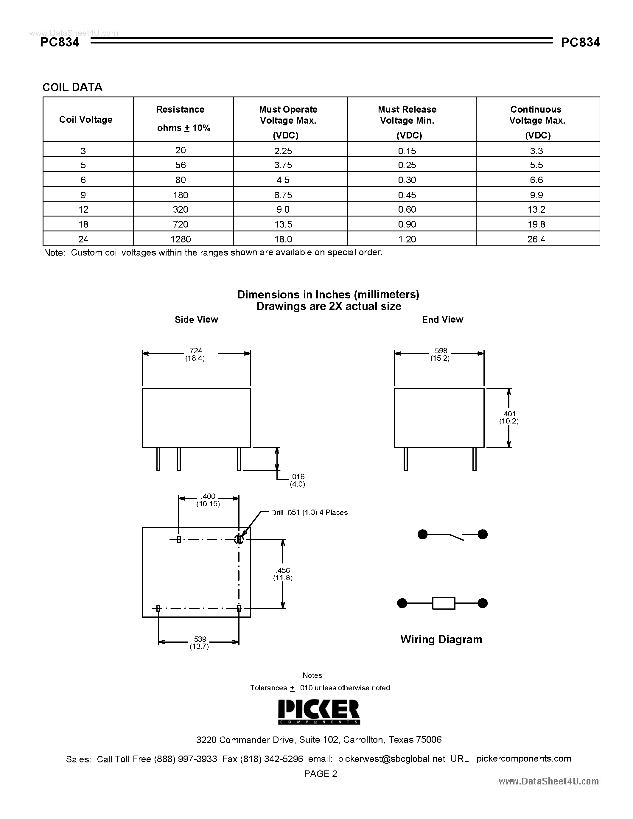 Datasheet PC834 - 12 Amp Subminature PCB Power Relay page 2