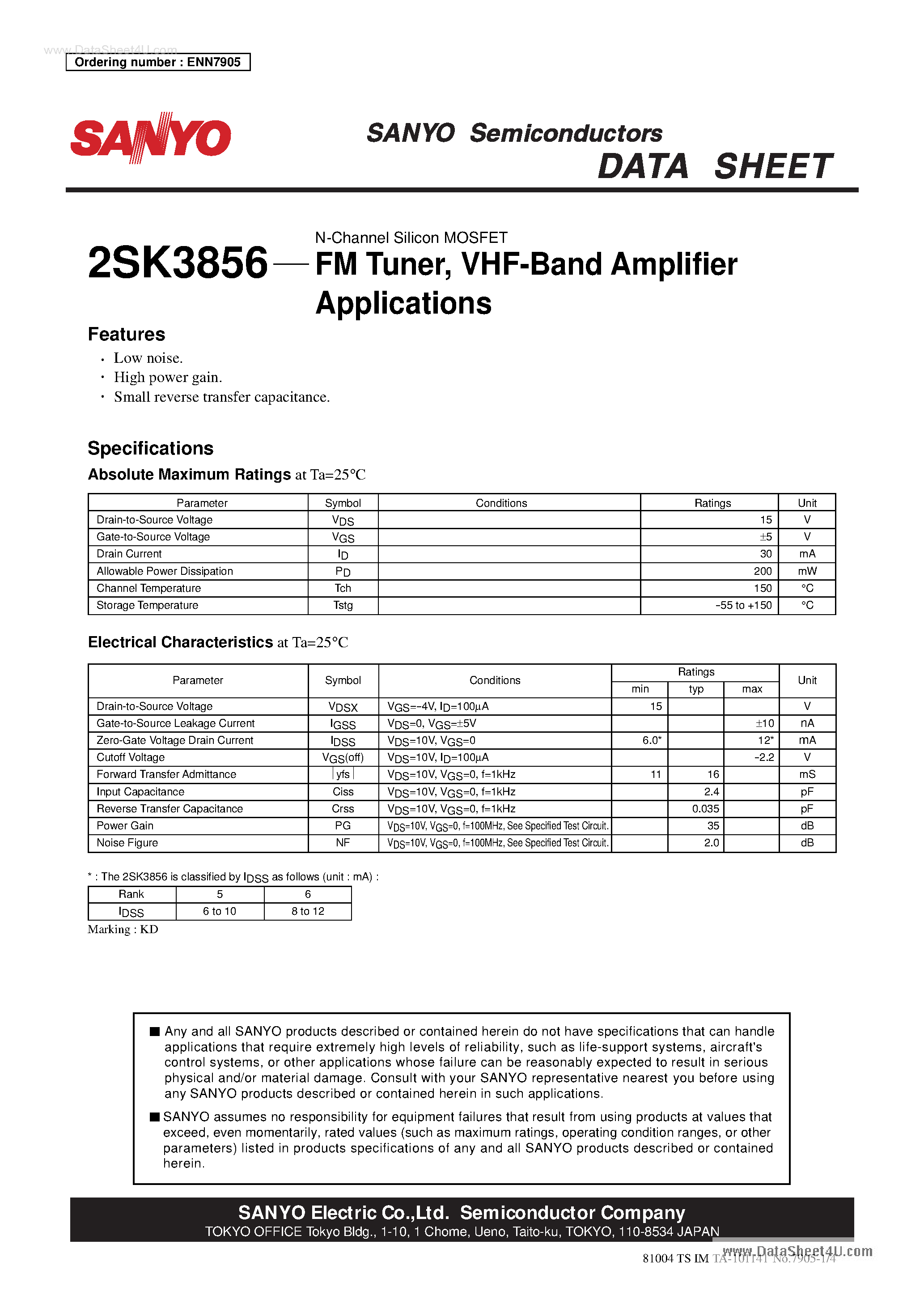 Datasheet 2SK3856 - VHF-Band Amplifier Applications page 1