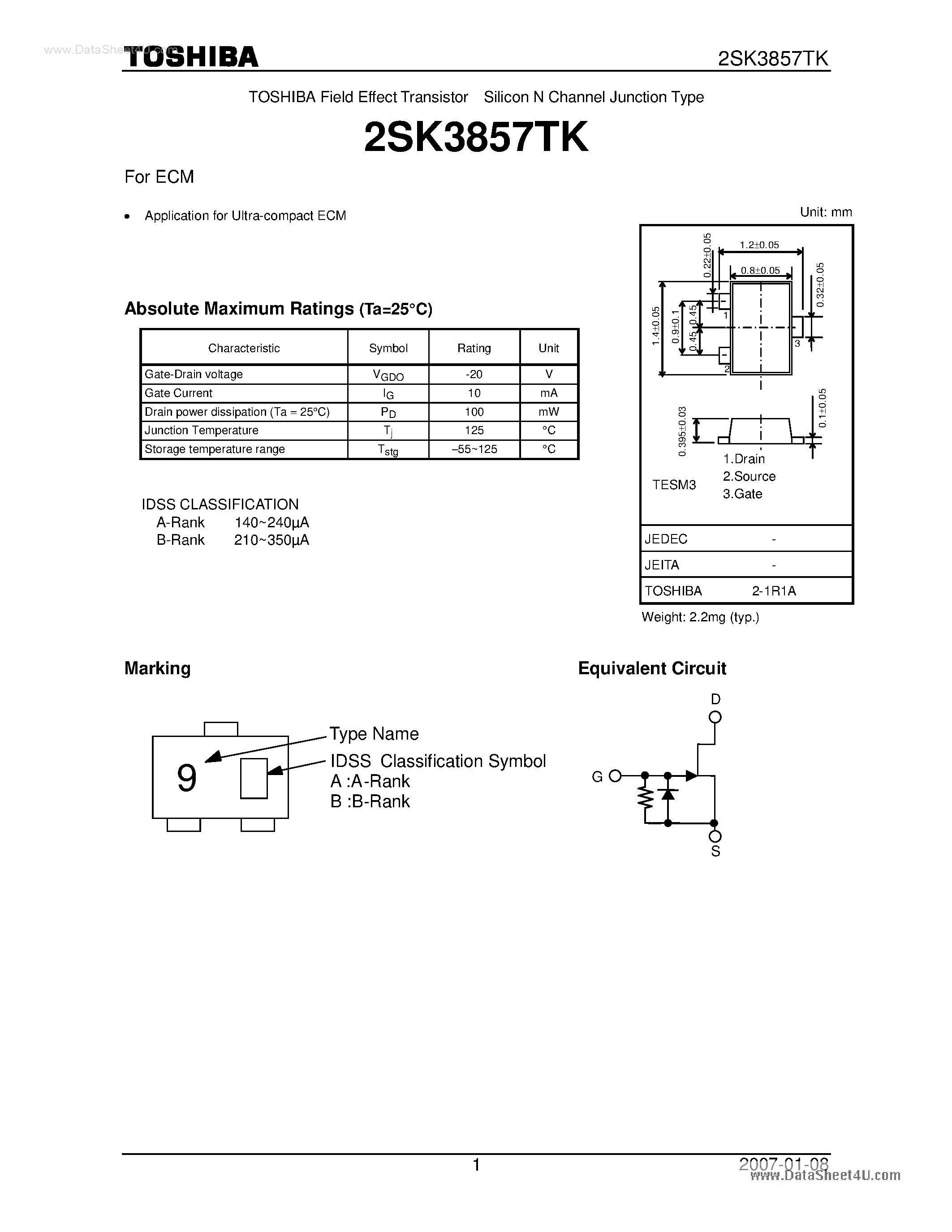 Datasheet 2SK3857TK - Silicon N-Channel Junction Type page 1