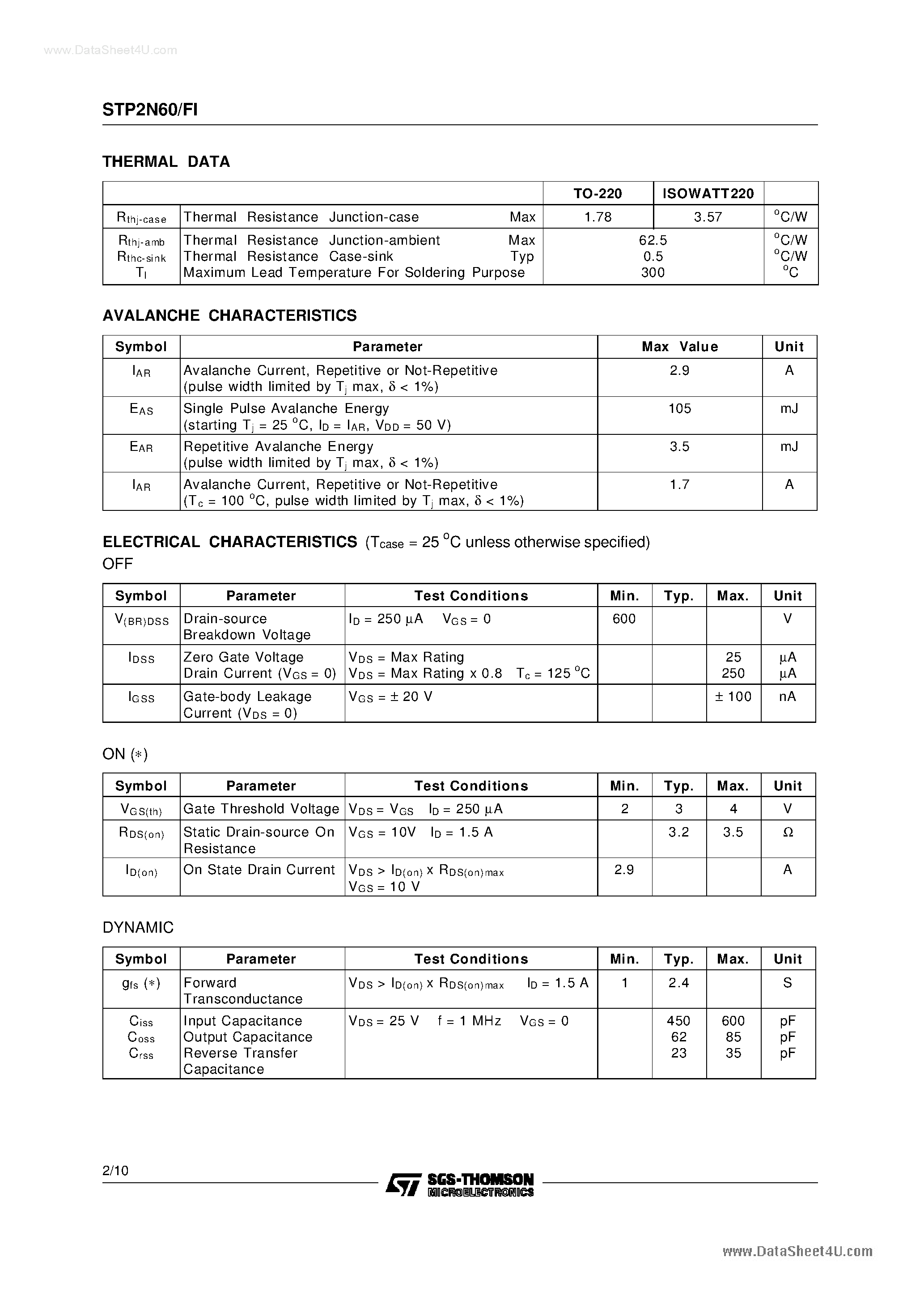 Datasheet STP2N60 - N-CHANNEL ENHANCEMENT MODE POWER MOS TRANSISTOR page 2