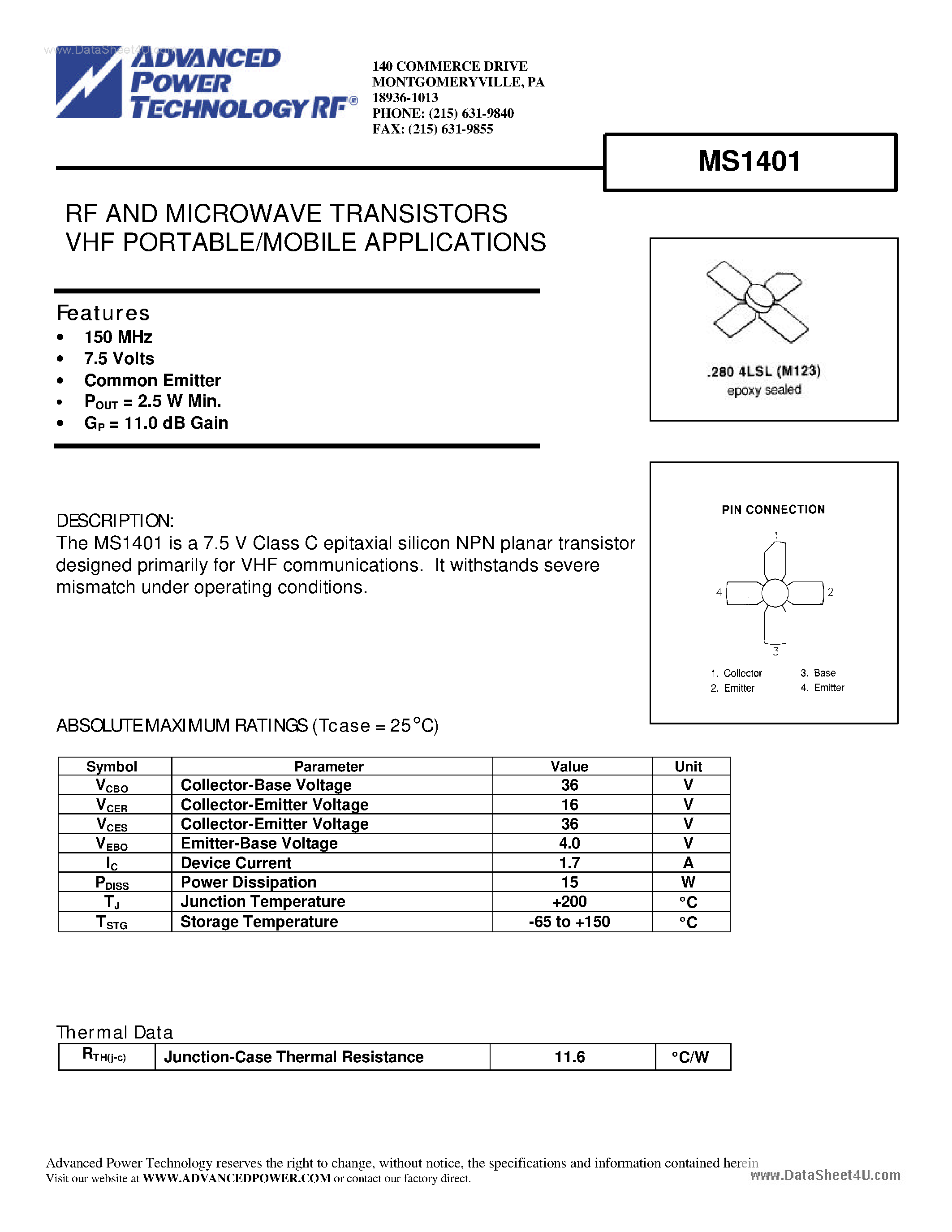 Datasheet MS1401 - RF AND MICROWAVE TRANSISTORS VHF PORTABLE/MOBILE APPLICATIONS page 1