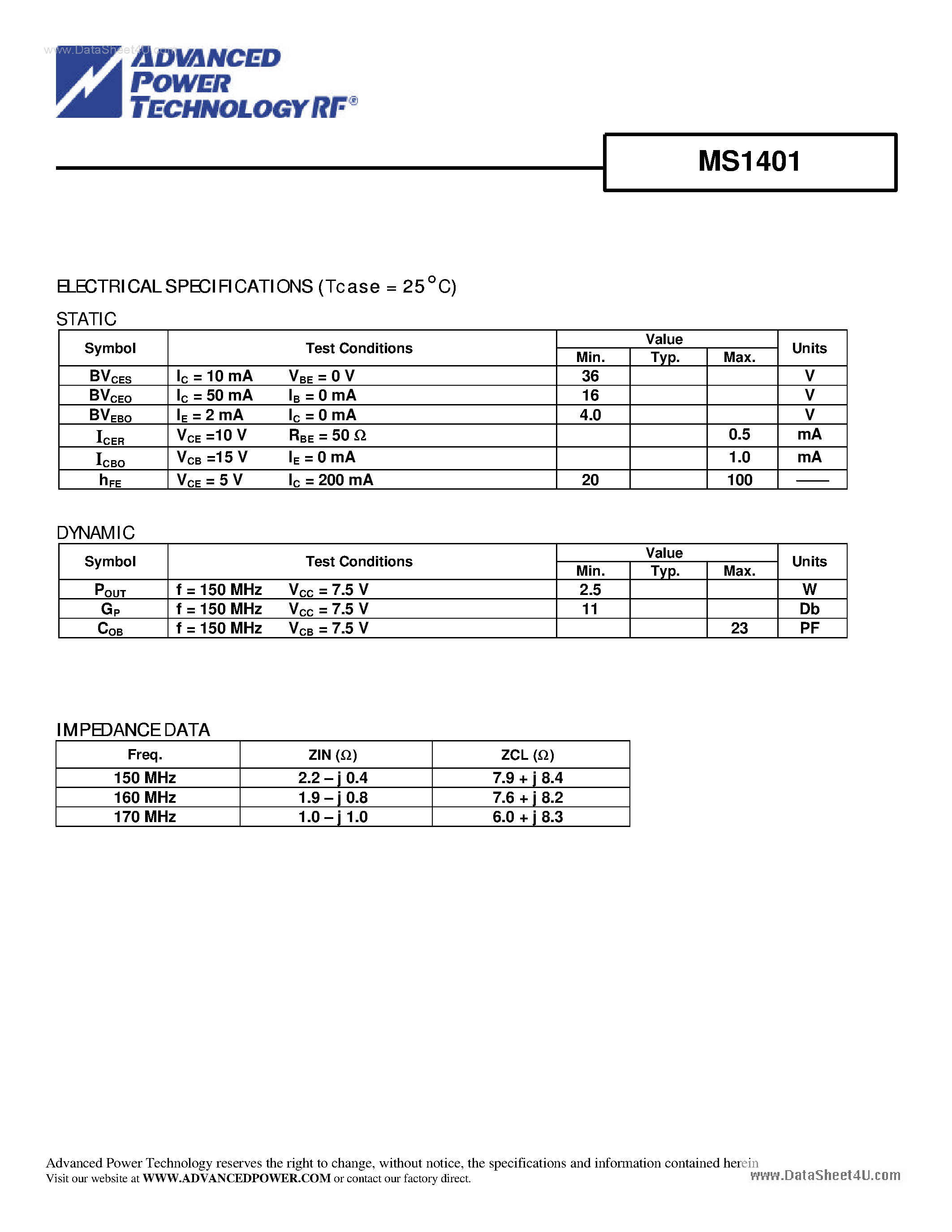 Datasheet MS1401 - RF AND MICROWAVE TRANSISTORS VHF PORTABLE/MOBILE APPLICATIONS page 2