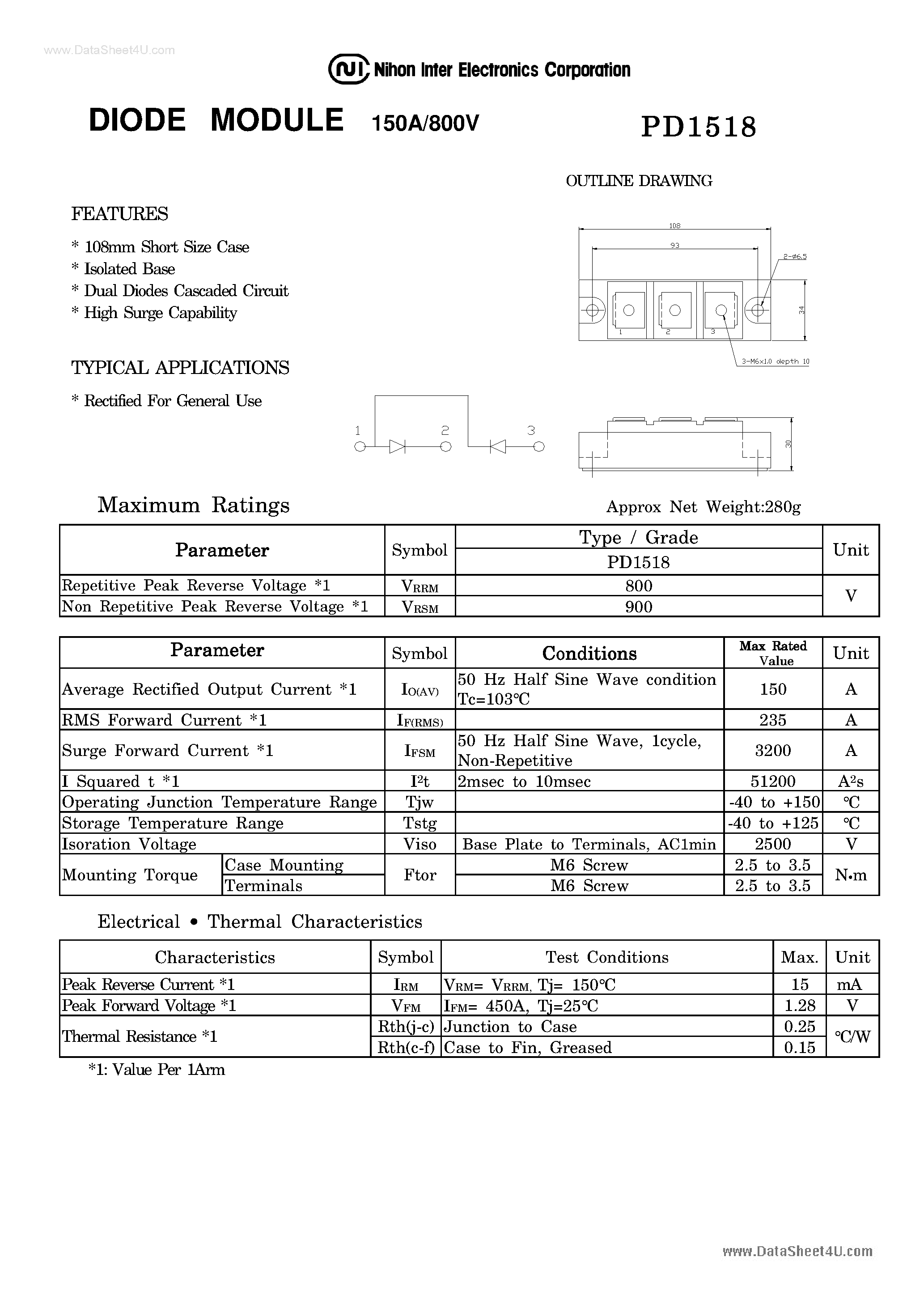 Datasheet PD1518 page 1 Datasheet PD1518 - DIODE MODULE page 1