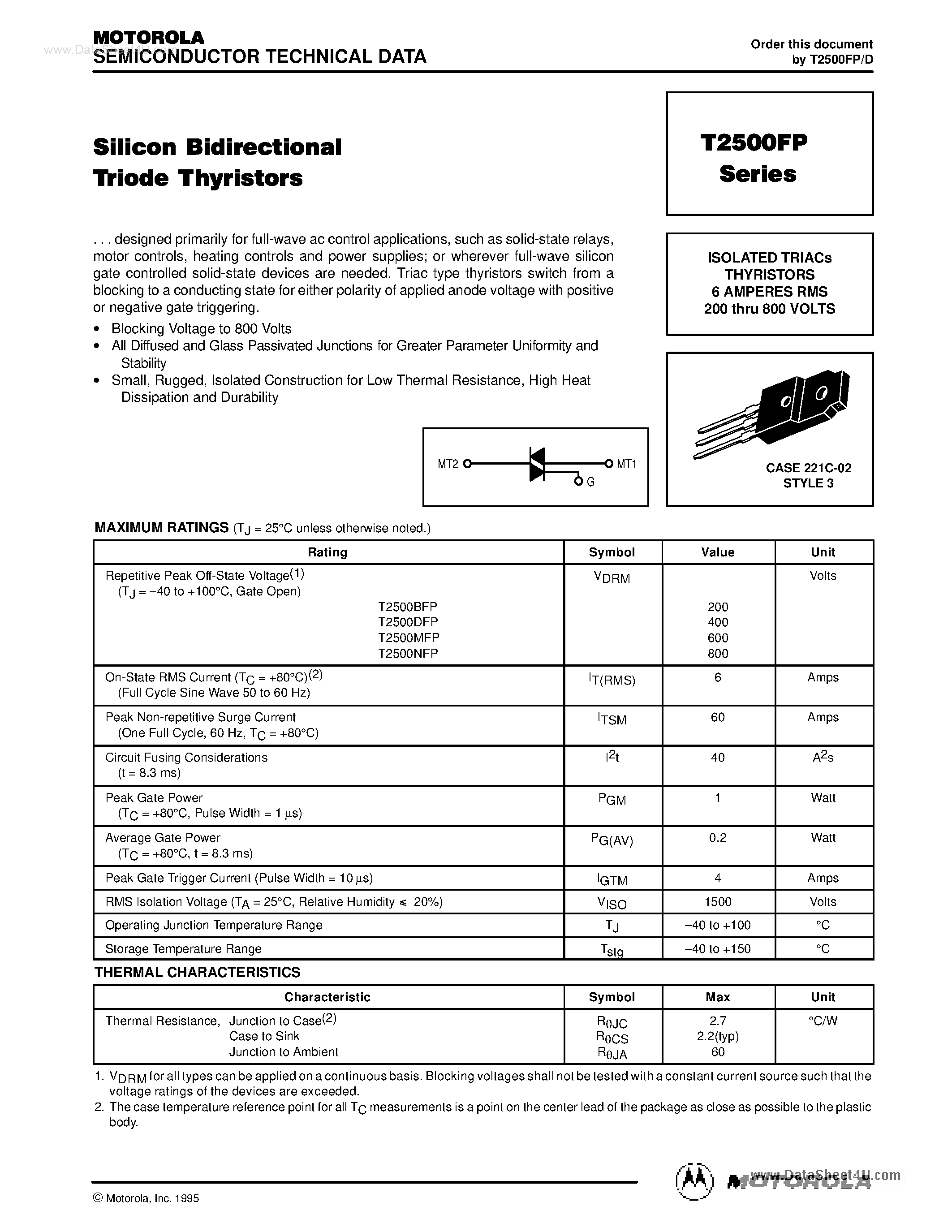 Datasheet T2500BFP page 1 Datasheet T2500BFP - ISOLATED TRIACs THYRISTORS page 1