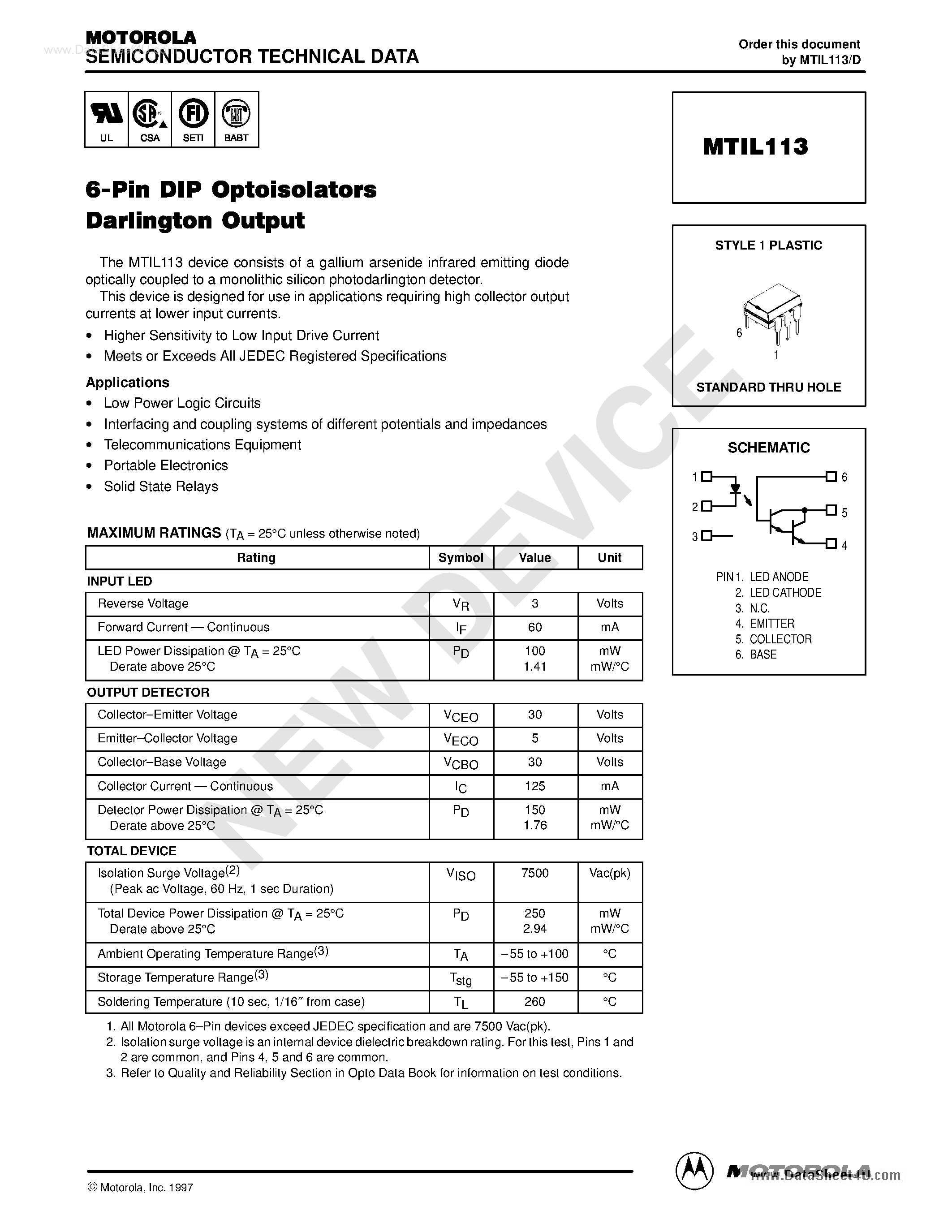 Datasheet MTIL113 - 6-Pin DIP Optoisolators Darlington Output page 1