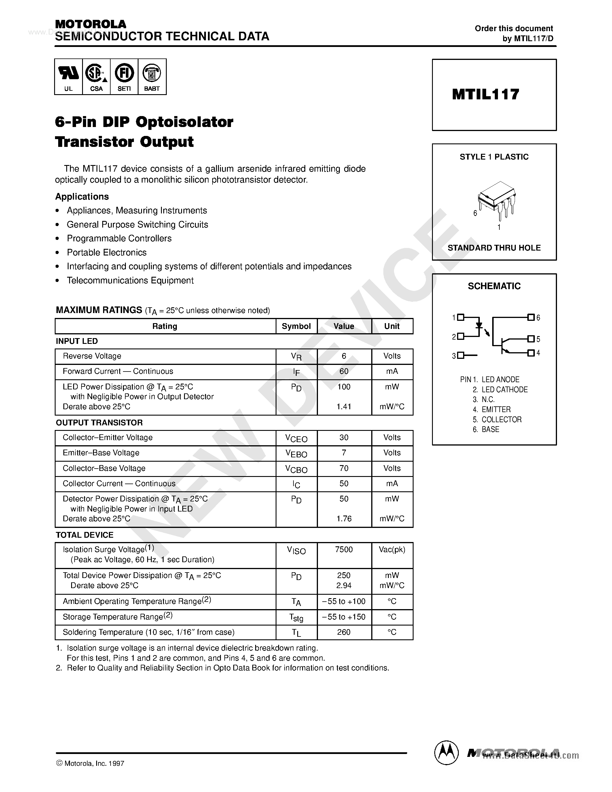 Datasheet MTIL117 - 6-Pin DIP Optoisolator Transistor Output page 1