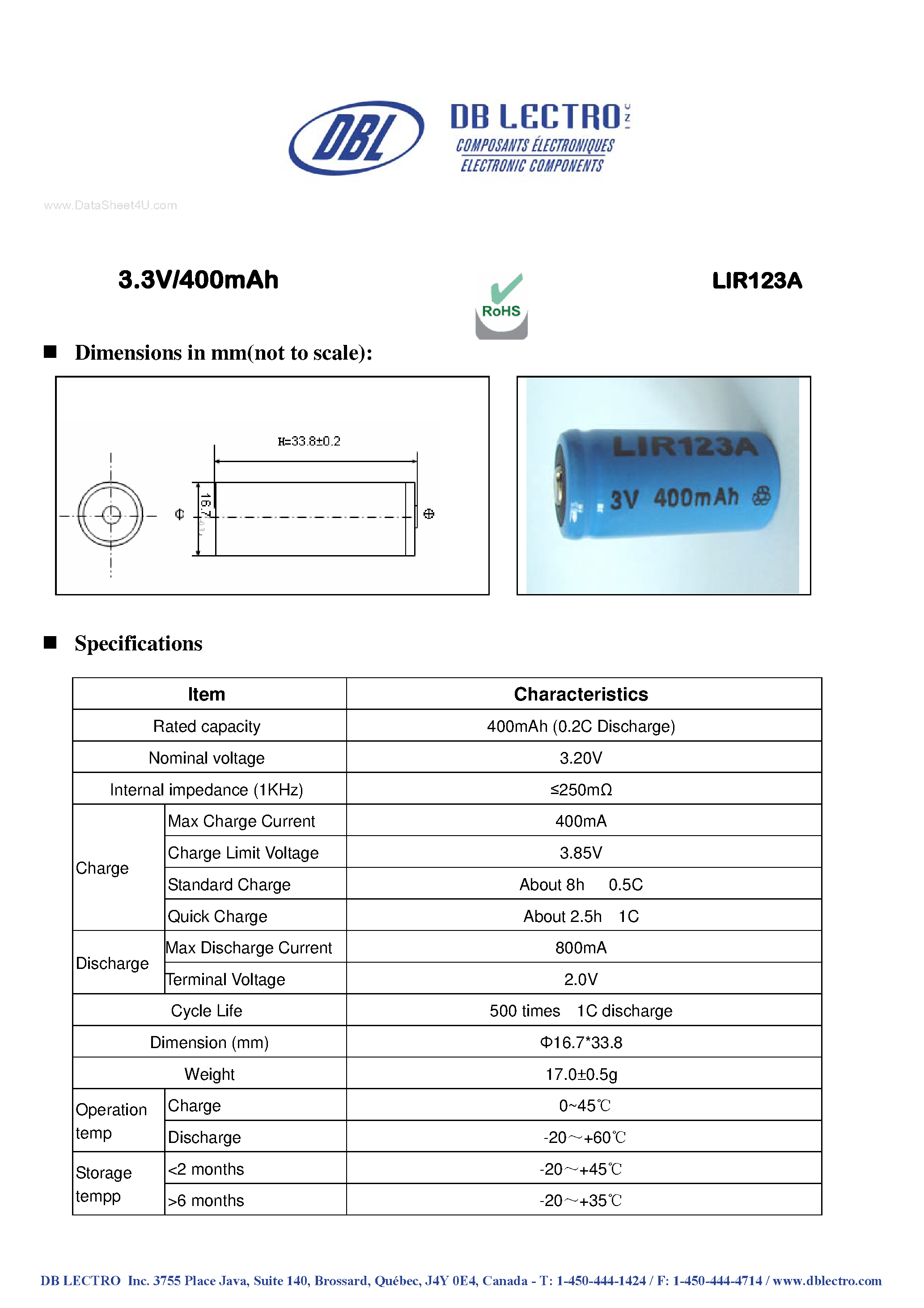 Datasheet LIR123A - 3.3V/400mAh page 1