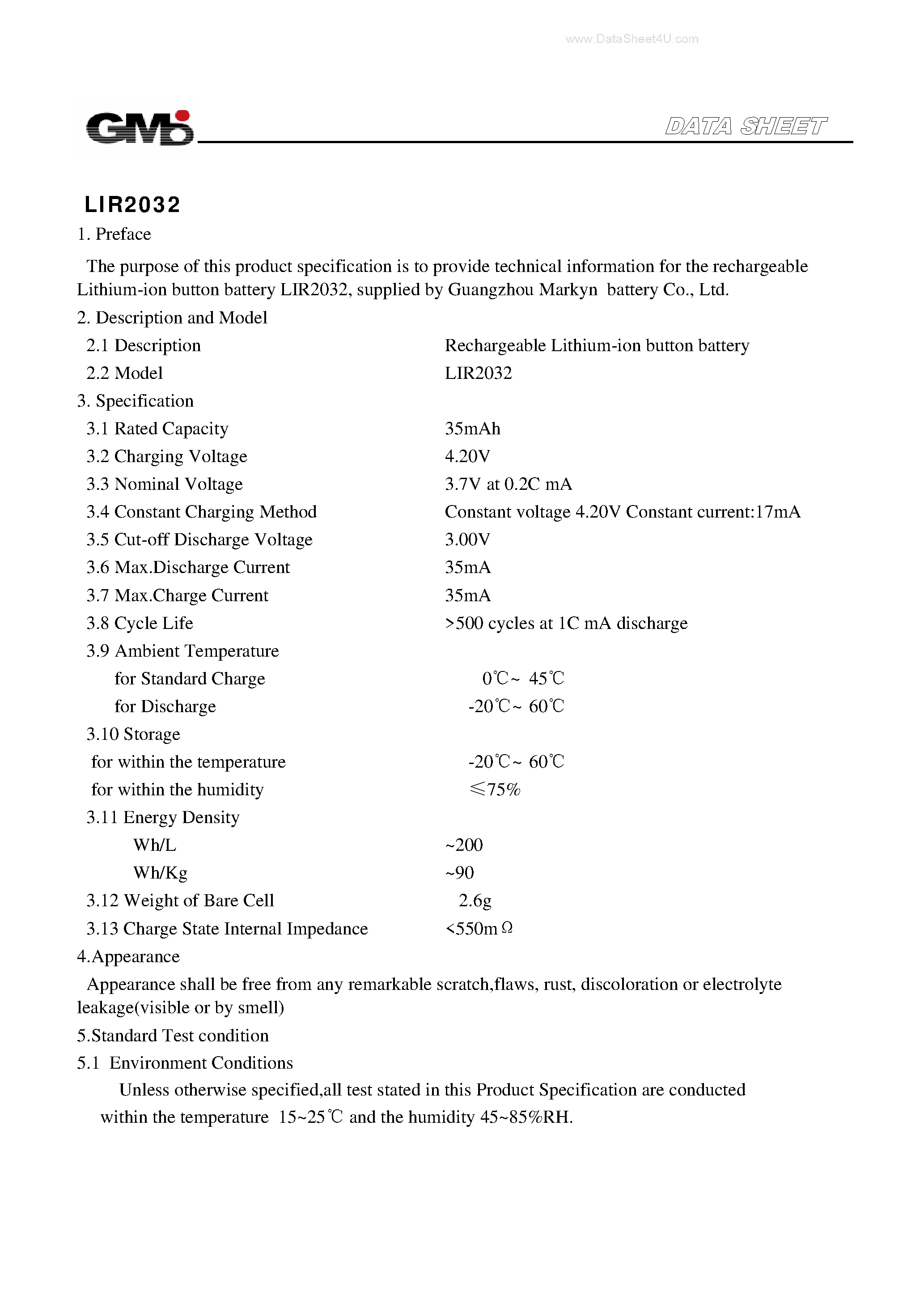 Datasheet LIR2032 - RECHARGEABLE LITHIUM ION BUTTON BATTERY page 1
