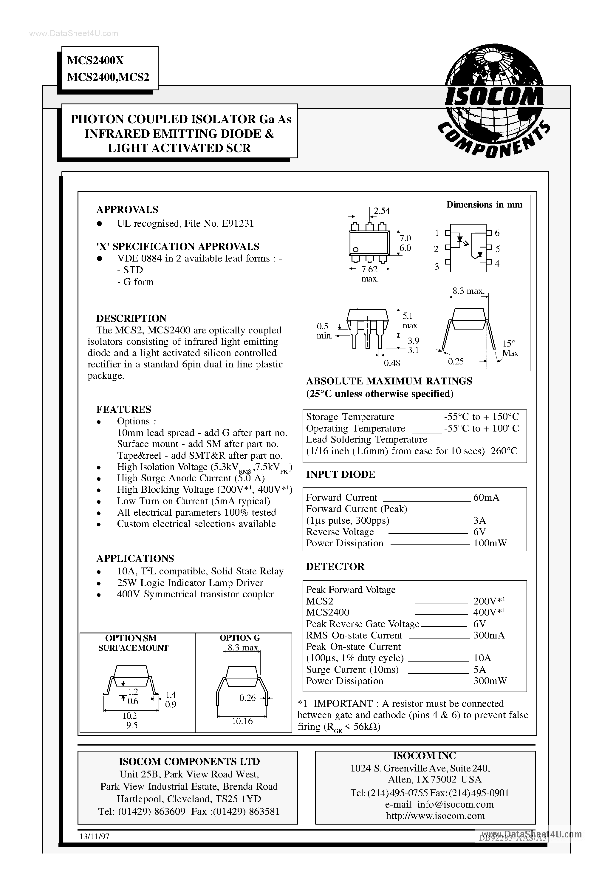 Даташит MCS2400 - PHOTON COUPLED ISOLATOR Ga As INFRARED EMITTING DIODE AND LIGHT ACTIVATED SCR страница 1