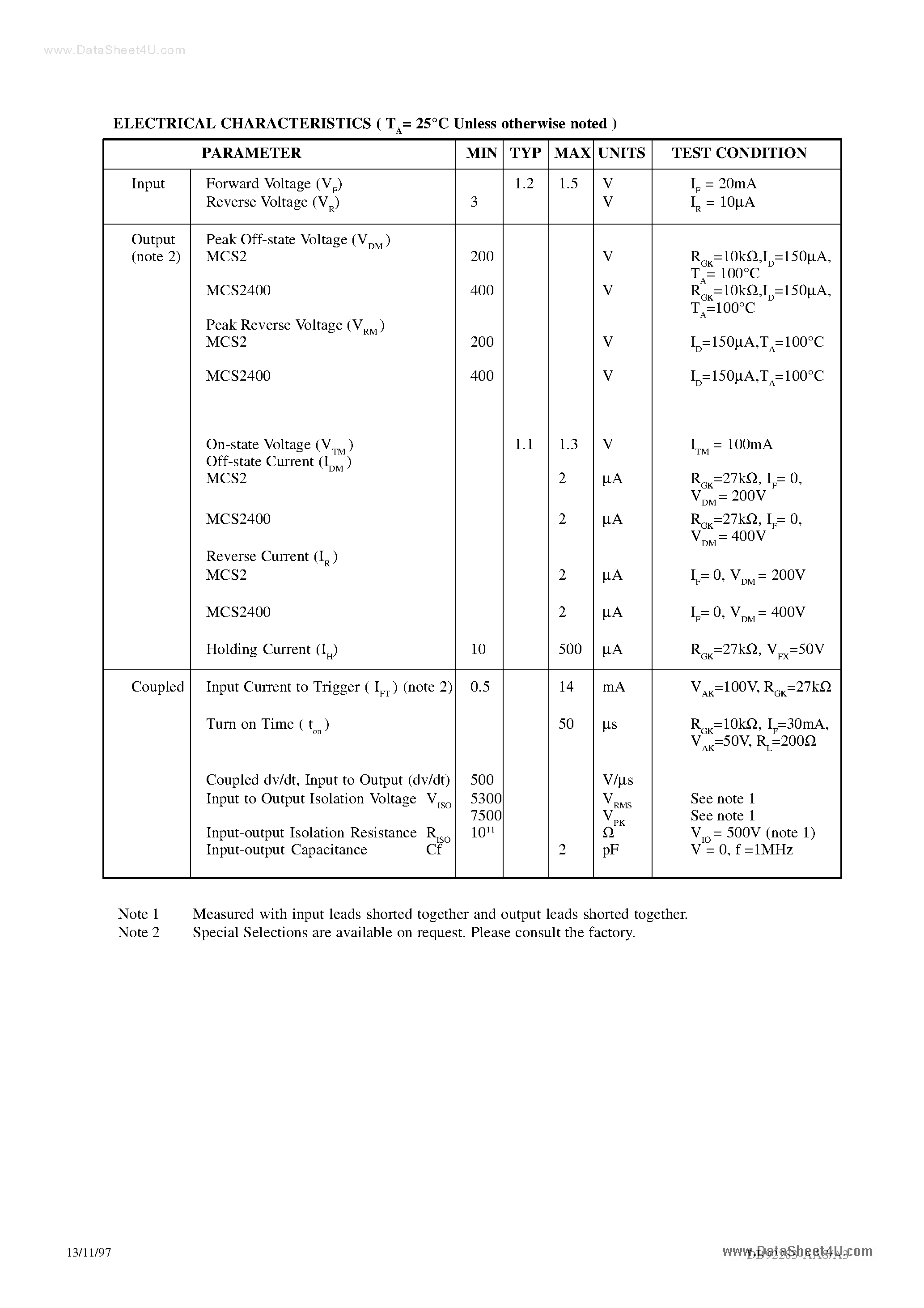 Даташит MCS2400 - PHOTON COUPLED ISOLATOR Ga As INFRARED EMITTING DIODE AND LIGHT ACTIVATED SCR страница 2