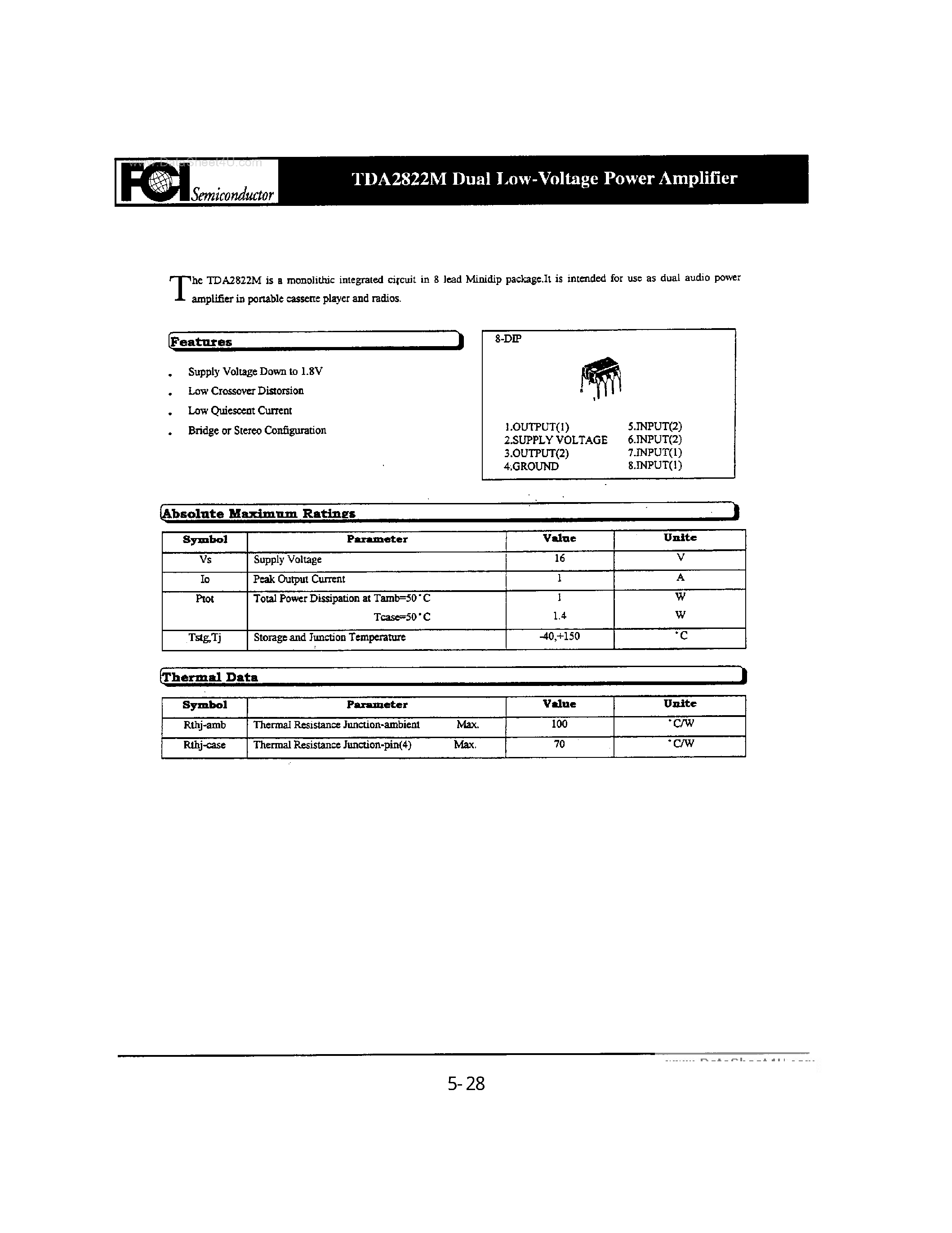 Datasheet TDA2822M - DUAL LOW-VOLTAGE POWER AMPLIFIER page 1