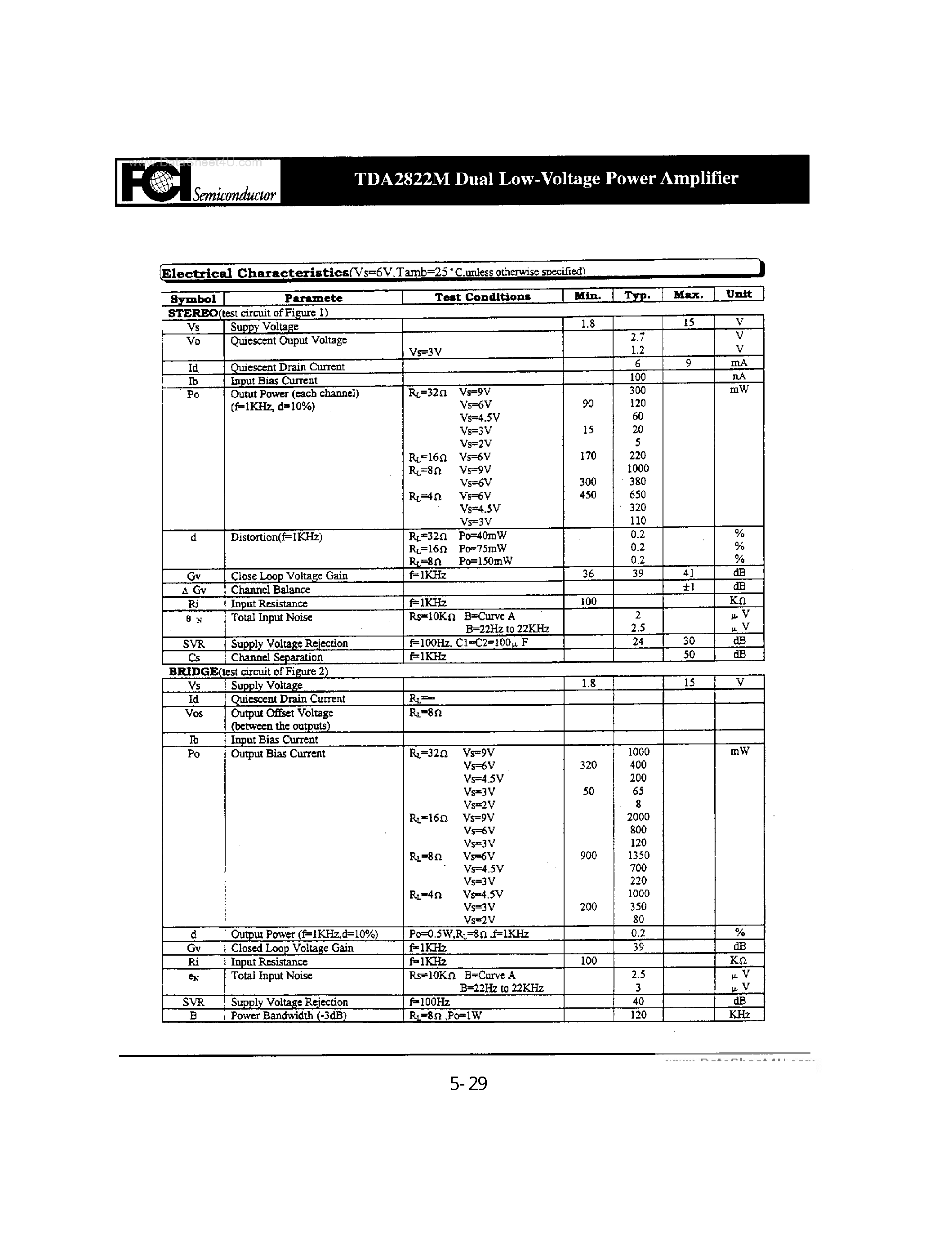 Datasheet TDA2822M - DUAL LOW-VOLTAGE POWER AMPLIFIER page 2