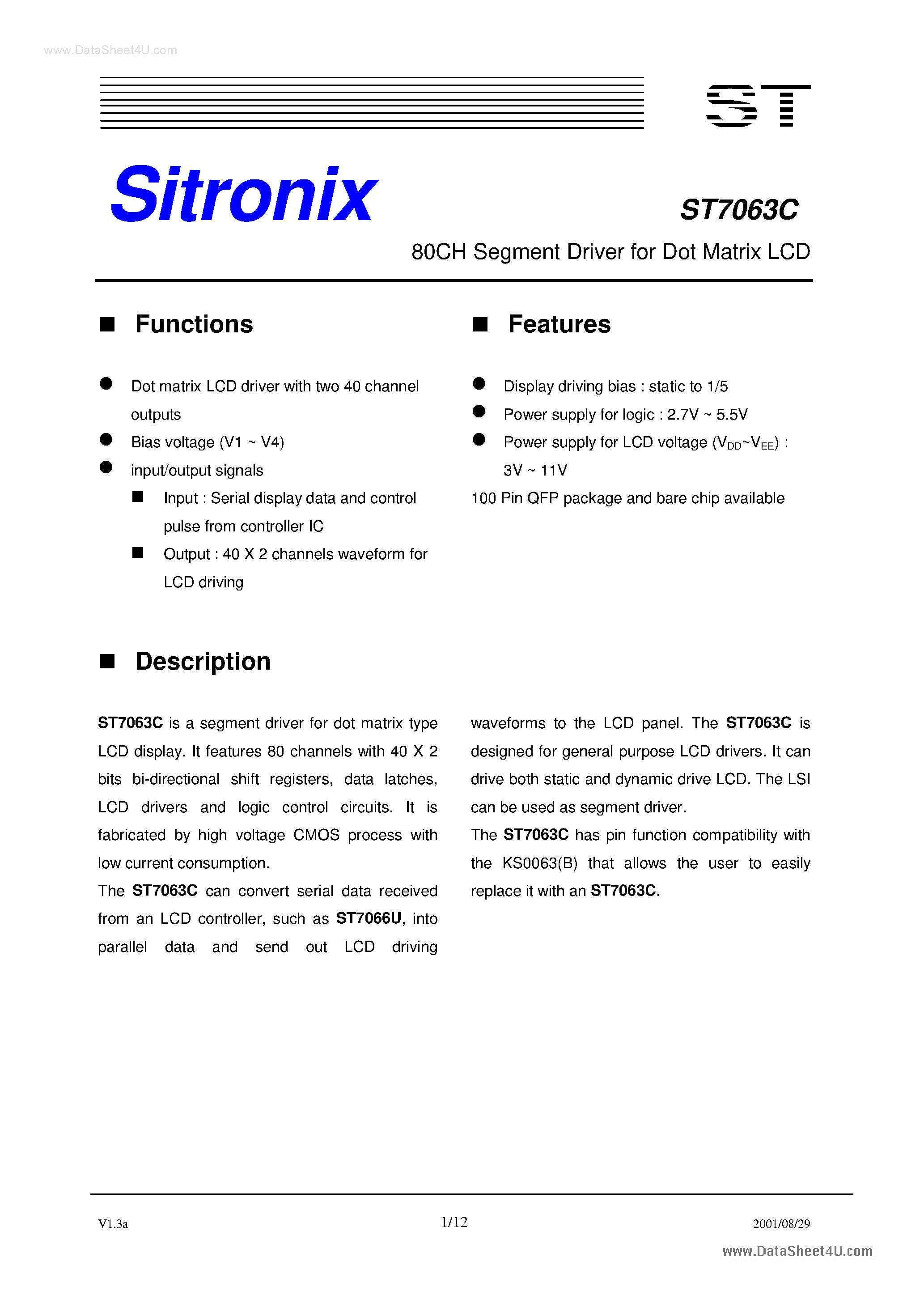 Datasheet ST7063C page 1 Datasheet ST7063C - 80Ch Segment Driver page 1