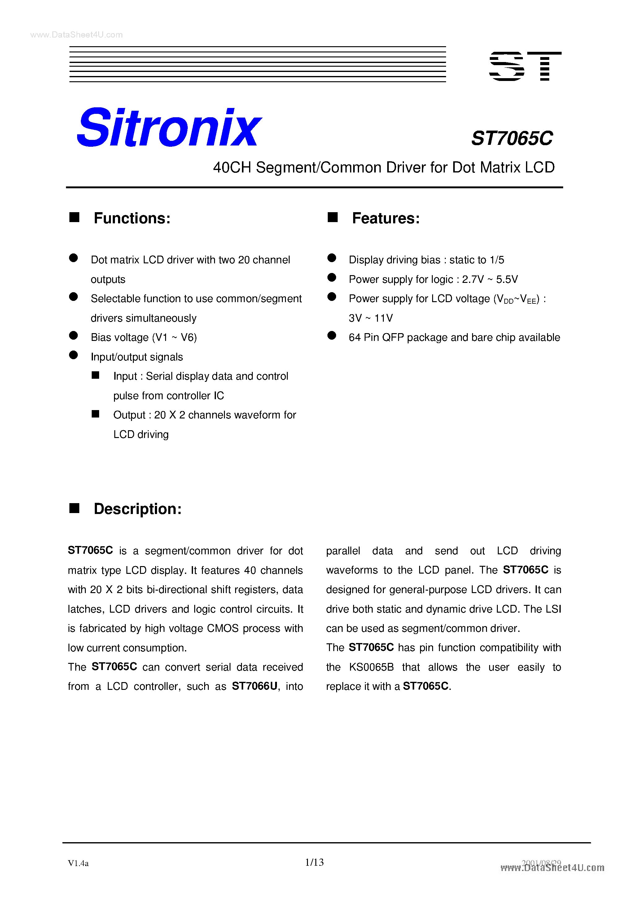 Datasheet ST7065C page 1 Datasheet ST7065C - 40Ch Segment/Common Driver page 1