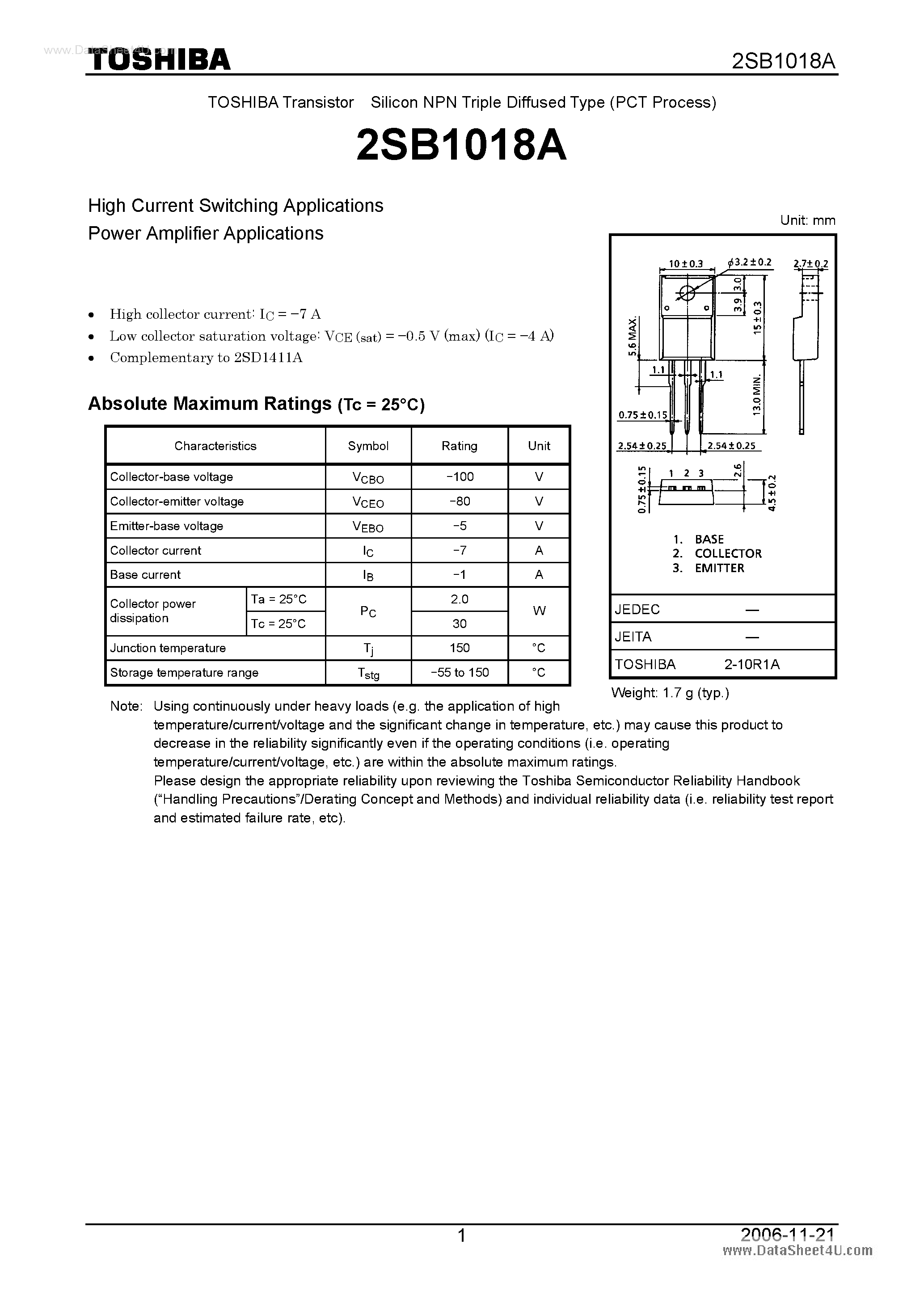 Datasheet 2SB1018A page 1 Datasheet 2SB1018A - TRANSISTOR page 1